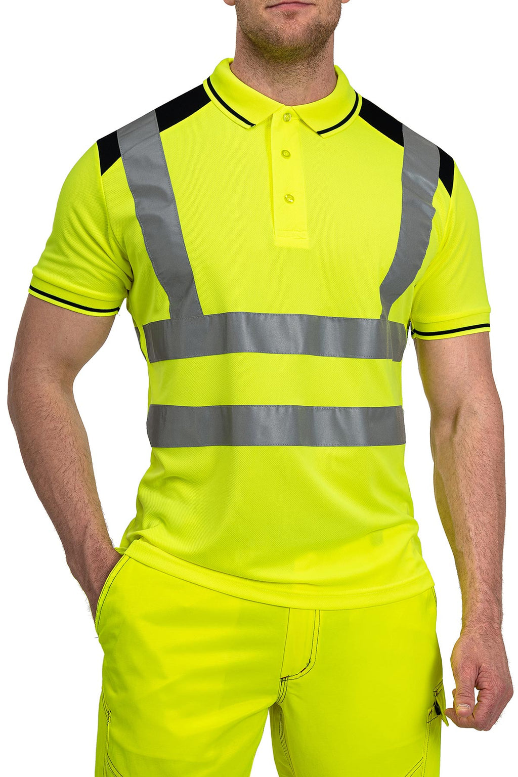 Herren Warnschutzpoloshirt in grossen Groessen in Neongelb