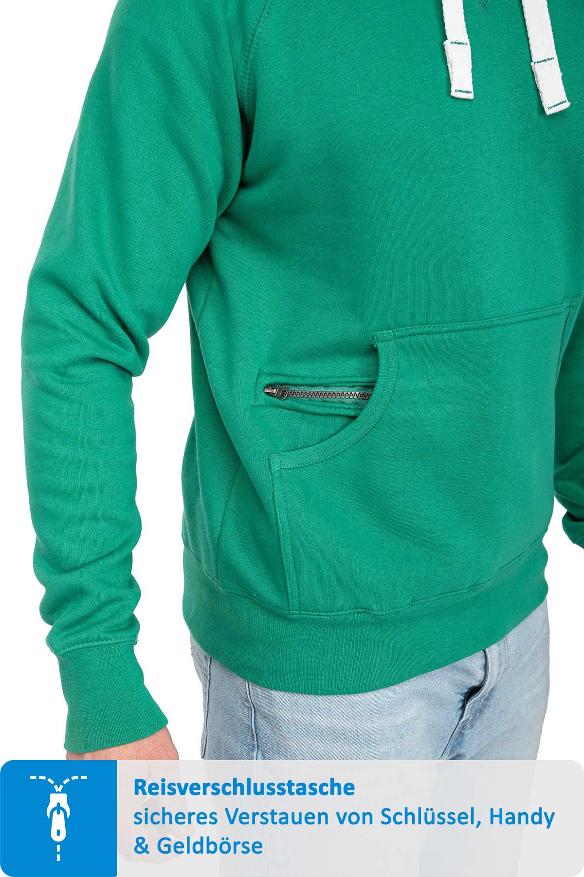 Herren Pullover mit Kapuze und Reißverschlussfach in Smaragdgrün