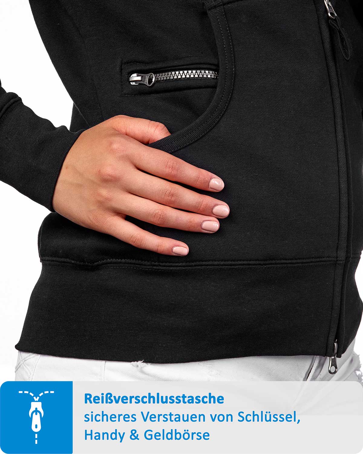 Seitentasche mit zusätzlichem Reißverschlussfach für Handy in Schwarz