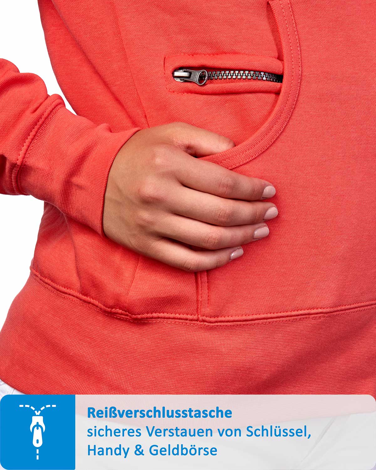 Seitentasche mit zusätzlichem Reißverschlussfach für Handy in Coral