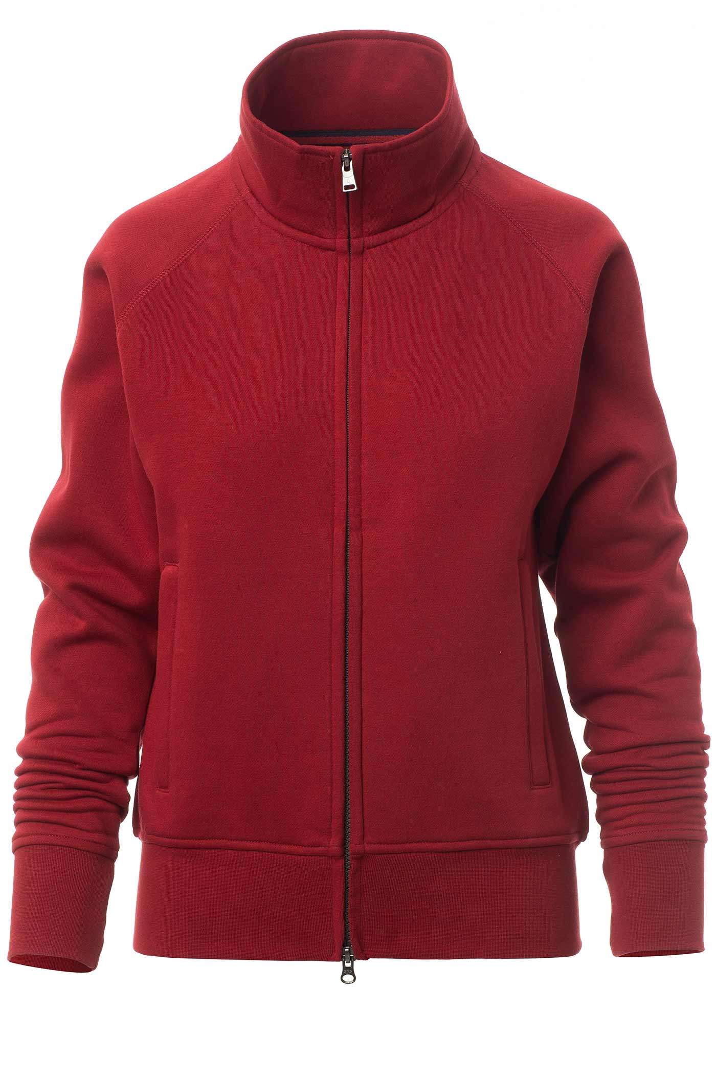 Damen Sweatjacke mit Seitentaschen und Stehkragen in Bordeaux