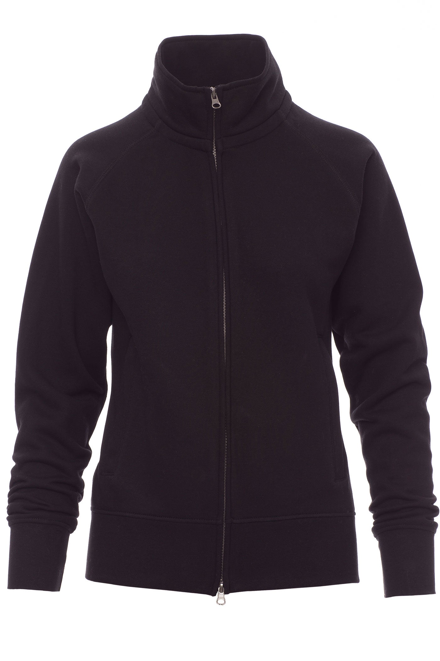 Damen Sweatjacke mit Seitentaschen und Stehkragen in Schwarz