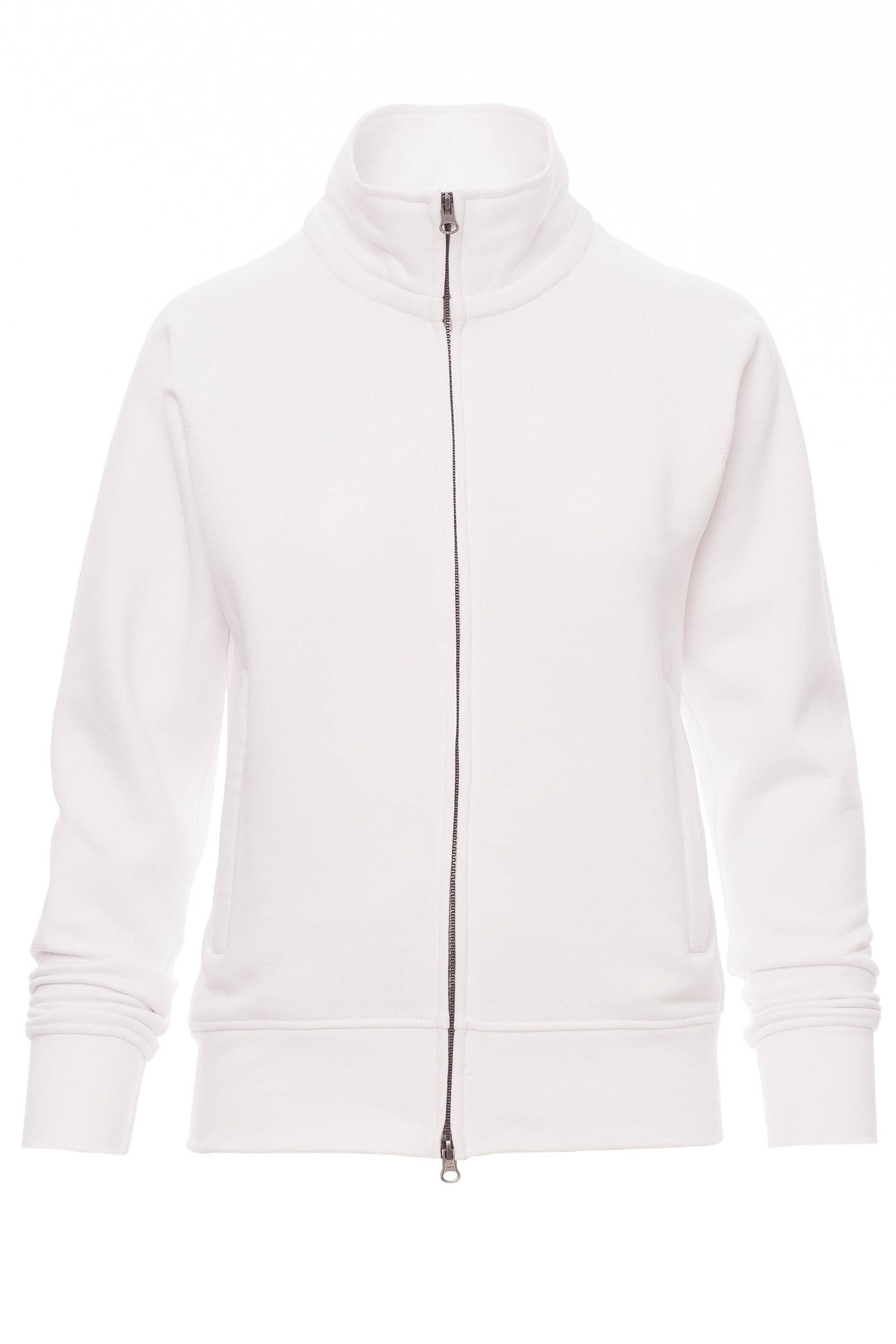 Damen Sweatjacke mit Seitentaschen und Stehkragen in Weiß
