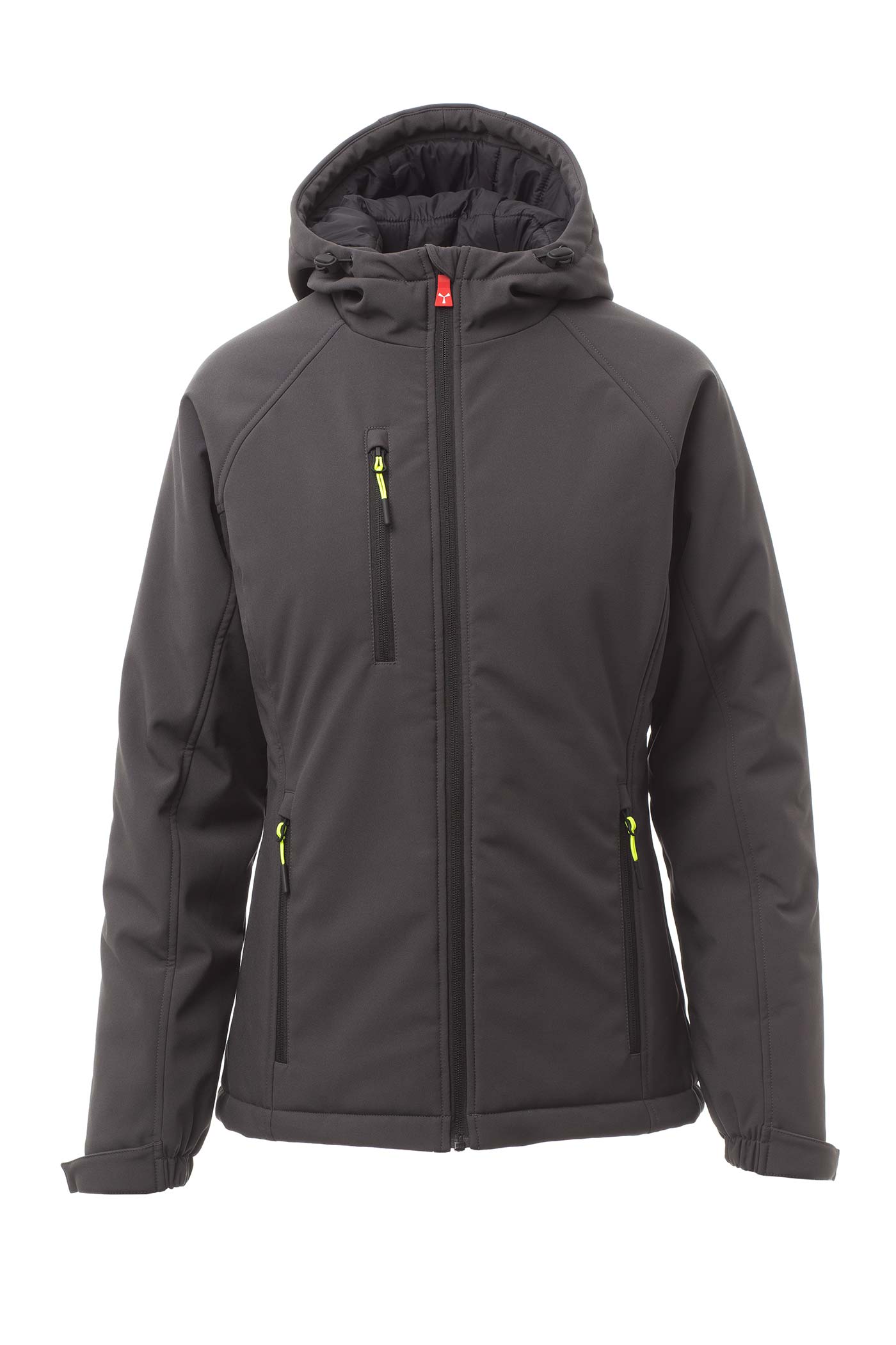 Damen Winterjacke Softshell mit Kapuze und Brusttasche in Anthrazit