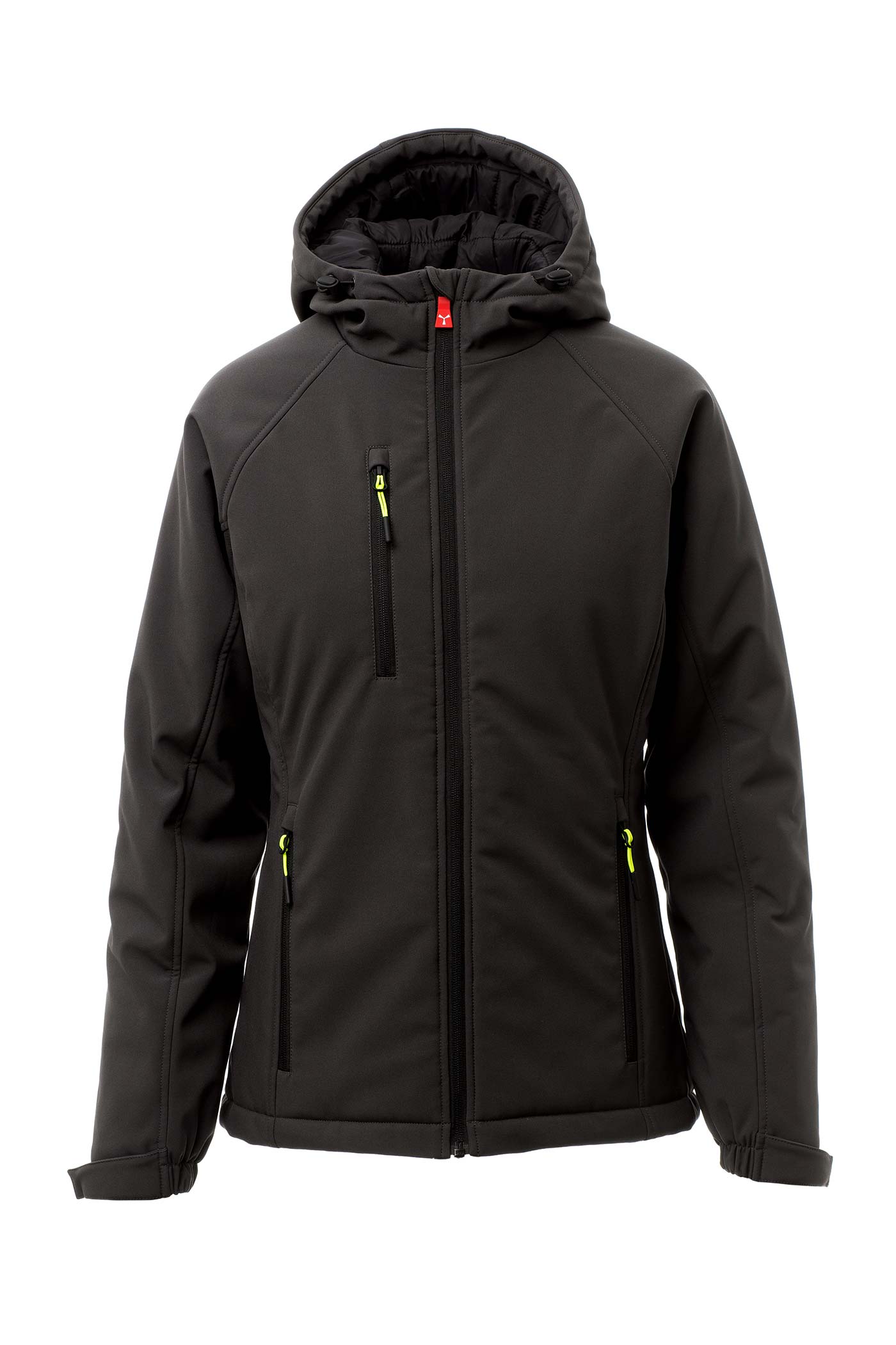 Damen Winterjacke Softshell mit Kapuze und Brusttasche in Schwarz