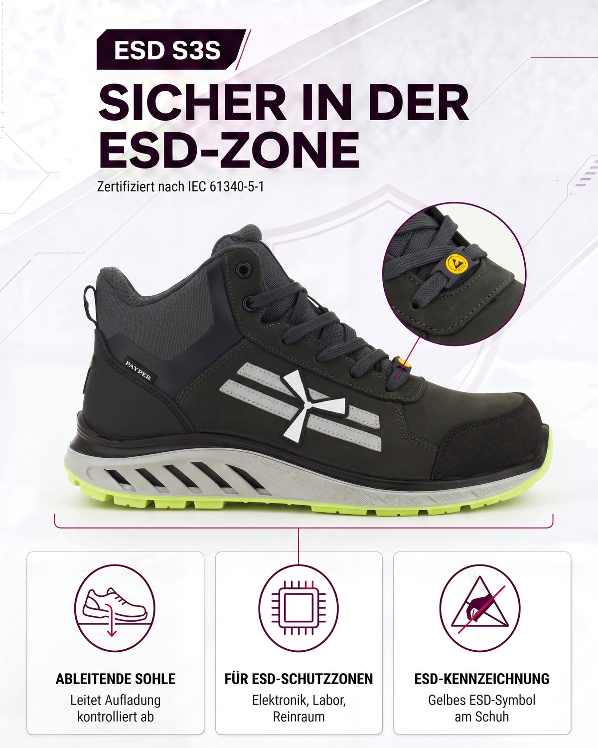 ESD Sicherheitsschuh S3S metallfrei knöchelhoch X-Moon Mid