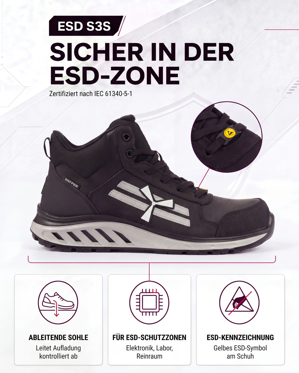 ESD Sicherheitsschuh S3S metallfrei knöchelhoch X-Moon Mid