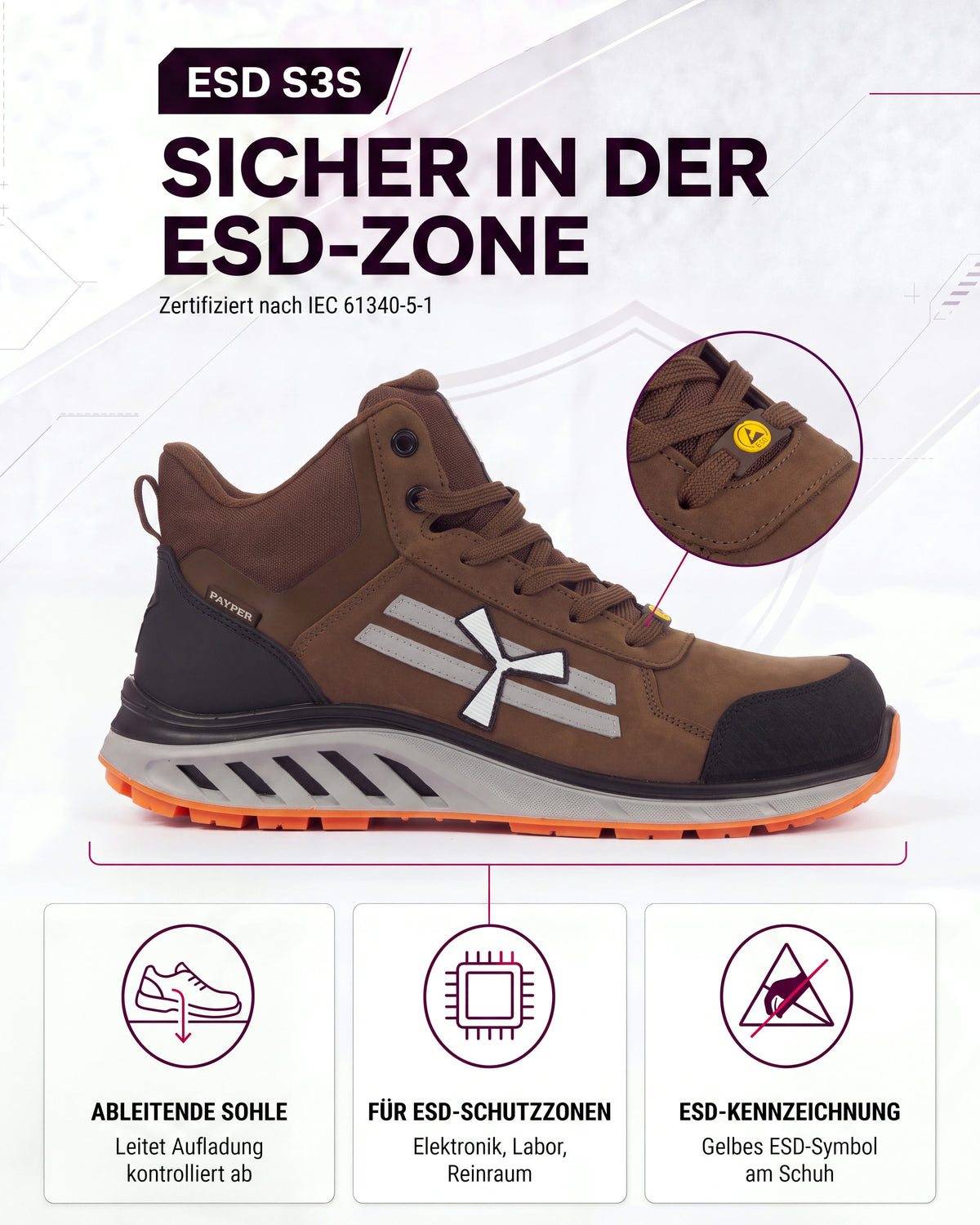 ESD Sicherheitsschuh S3S metallfrei knöchelhoch X-Moon Mid