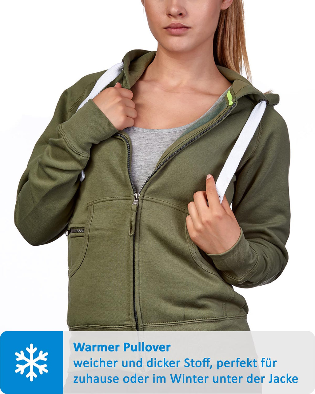Damen Sweatjacke mit praktischen Seitentaschen in Olivgrün