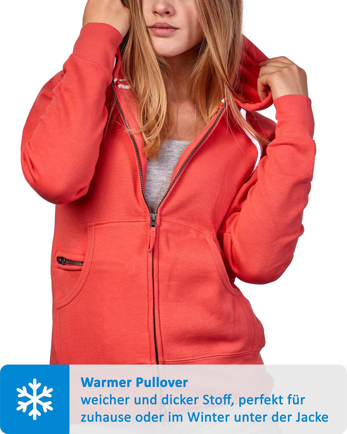 Damen Sweatjacke mit praktischen Seitentaschen in Coral