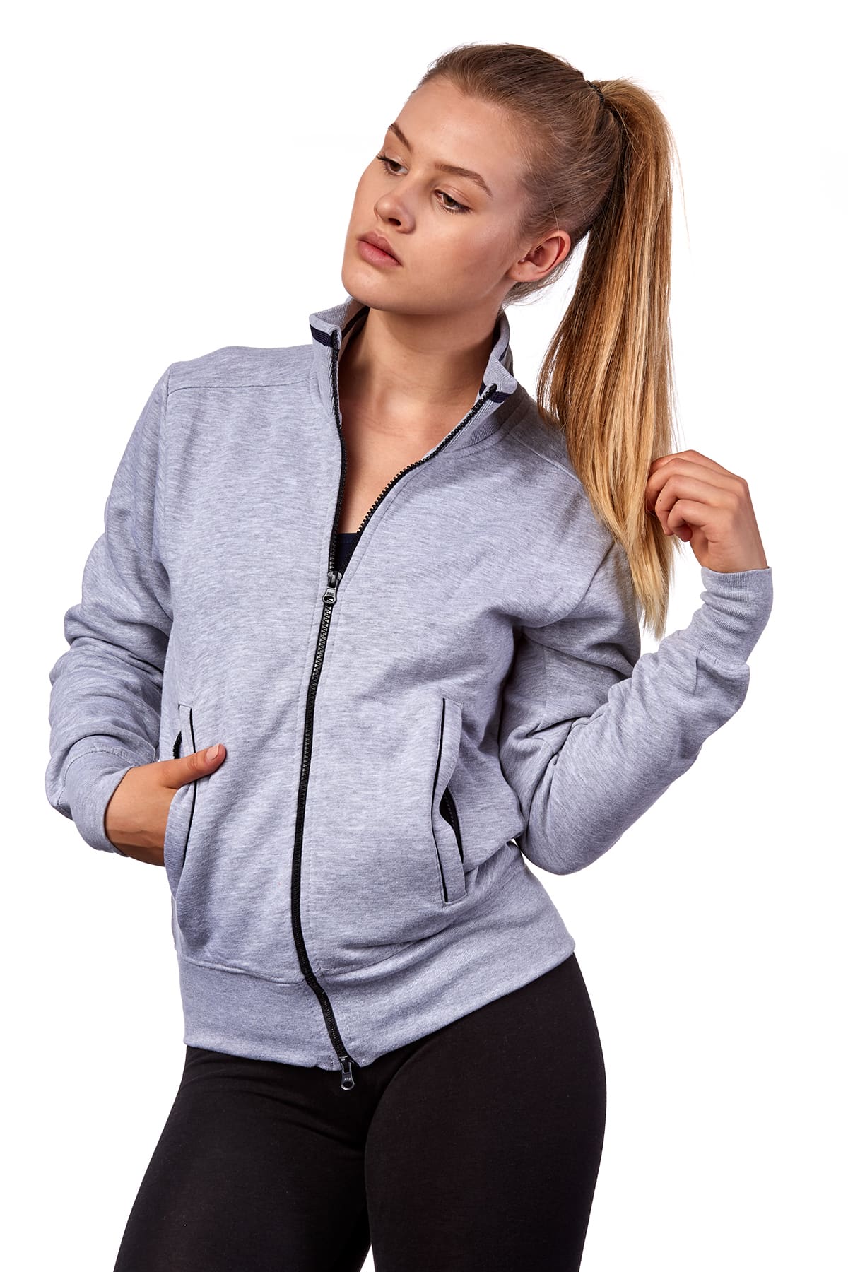 Damen Sweatjacke mit praktischen Taschen in Grau meliert