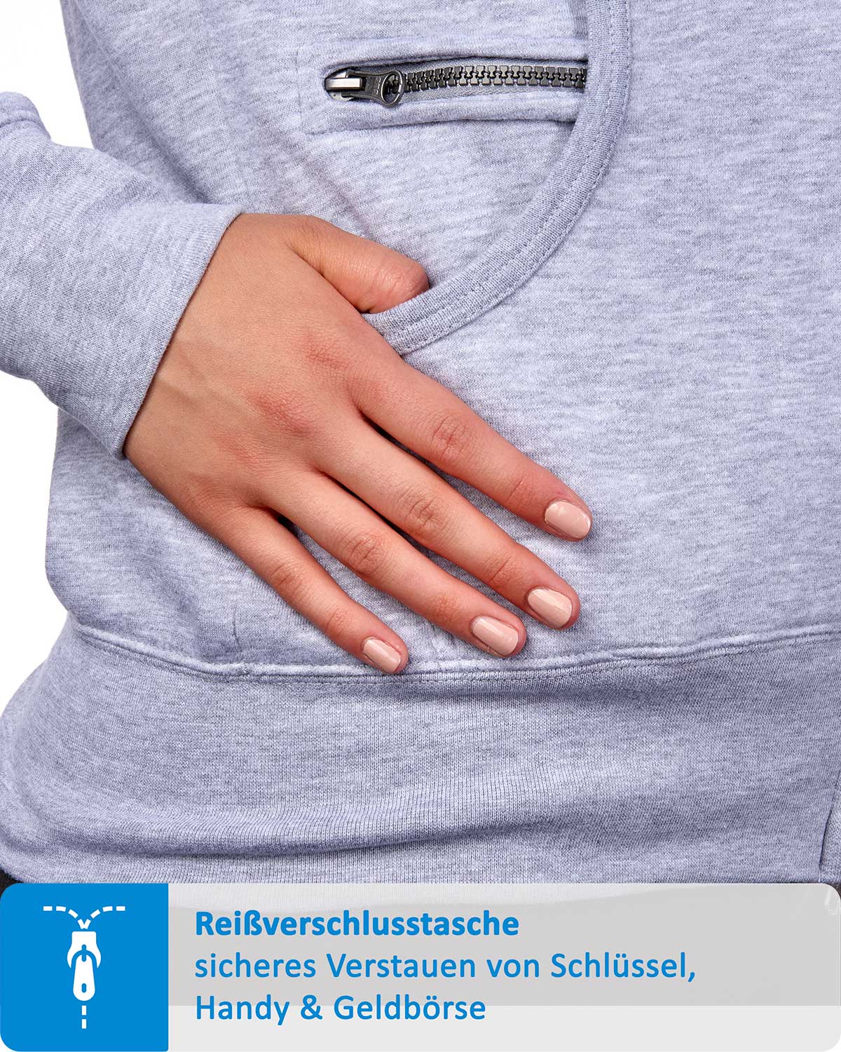 Seitentasche mit zusätzlichem Reißverschlussfach für Handy in Grau meliert