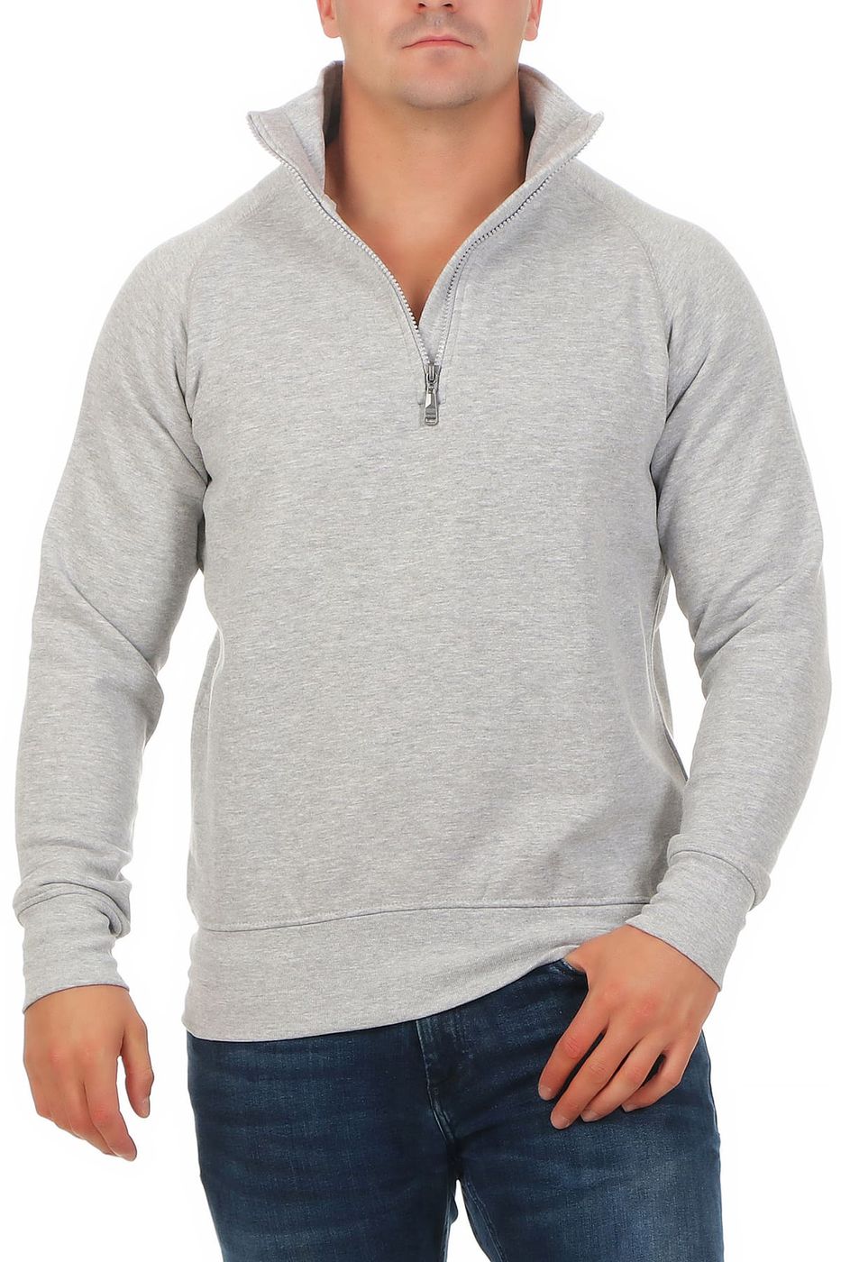 Herren Halfzip Pullover mit Stehkragen in Grau meliert
