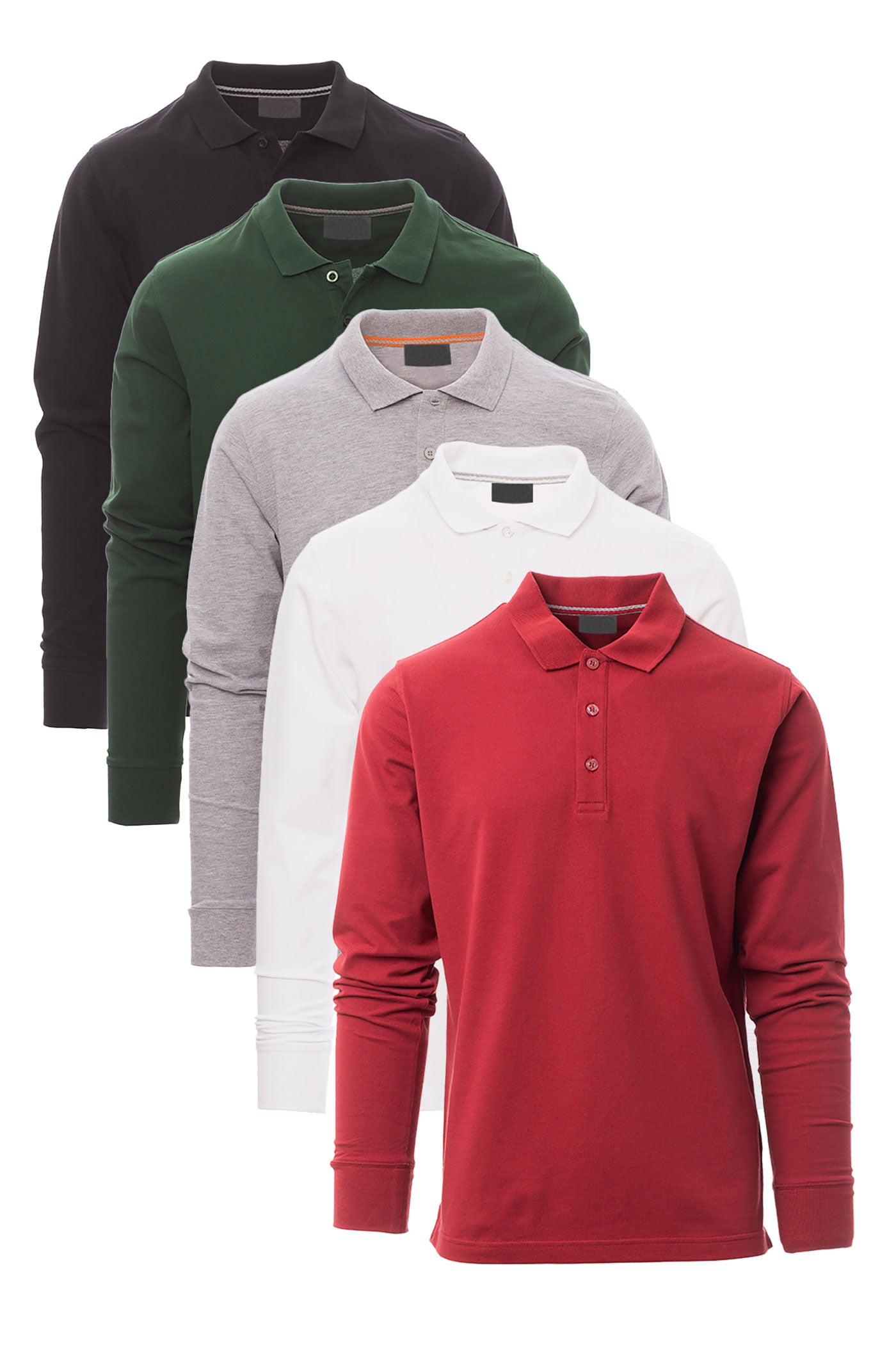 Herren 5er Pack langarm Poloshirts in Farbset Schwarz/Gruen/Grau meliert/Weiss/Bordeaux