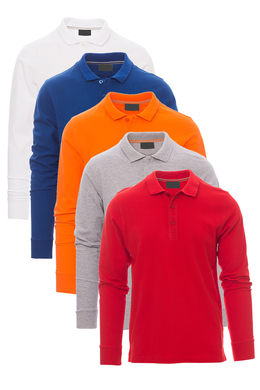 Herren 5er Pack langarm Poloshirts in Farbset Weiss/Blau/Orange/Grau meliert/Rot