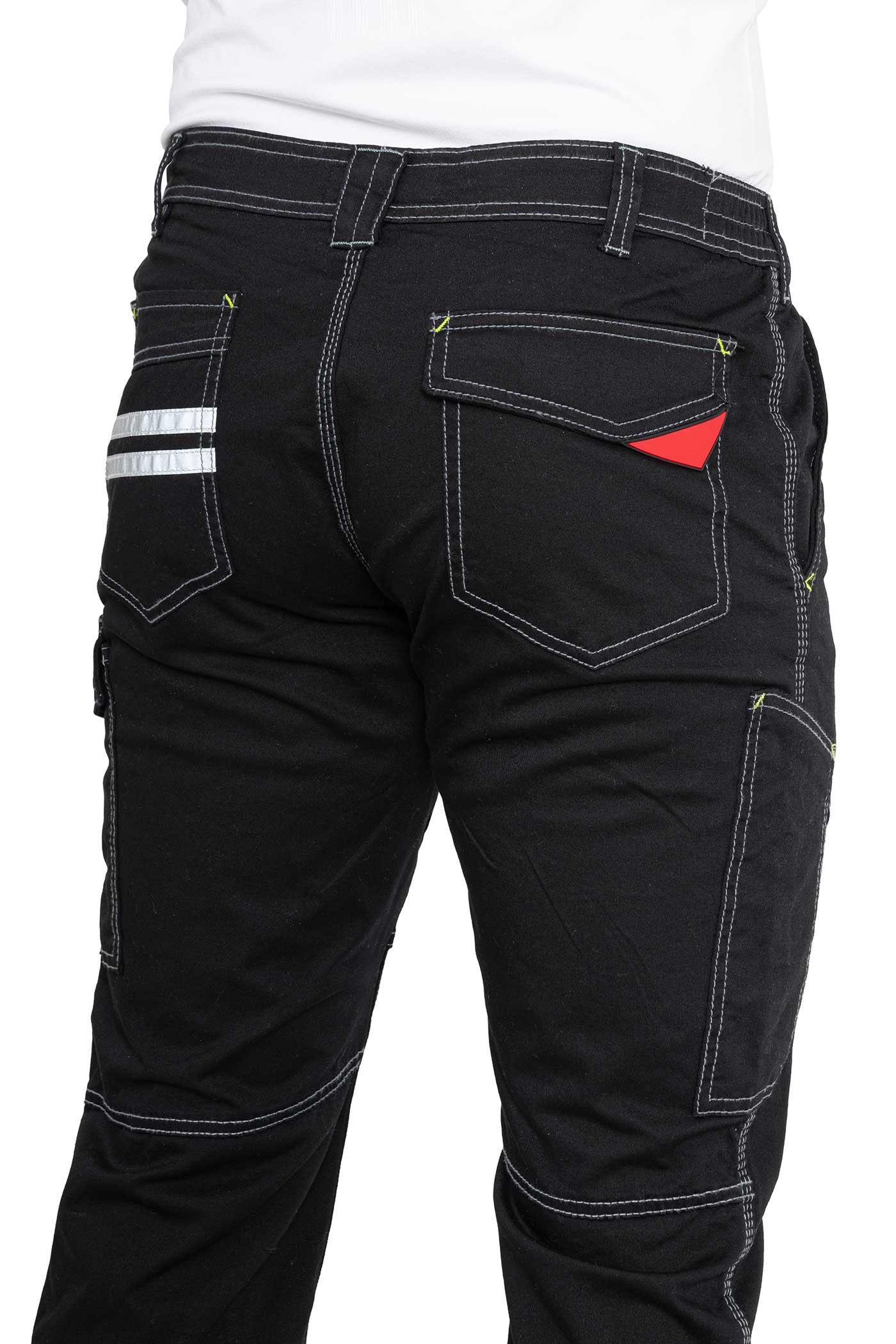 Herren robuste Arbeitshose mit kleinen Reflexstreifen hinten in Schwarz