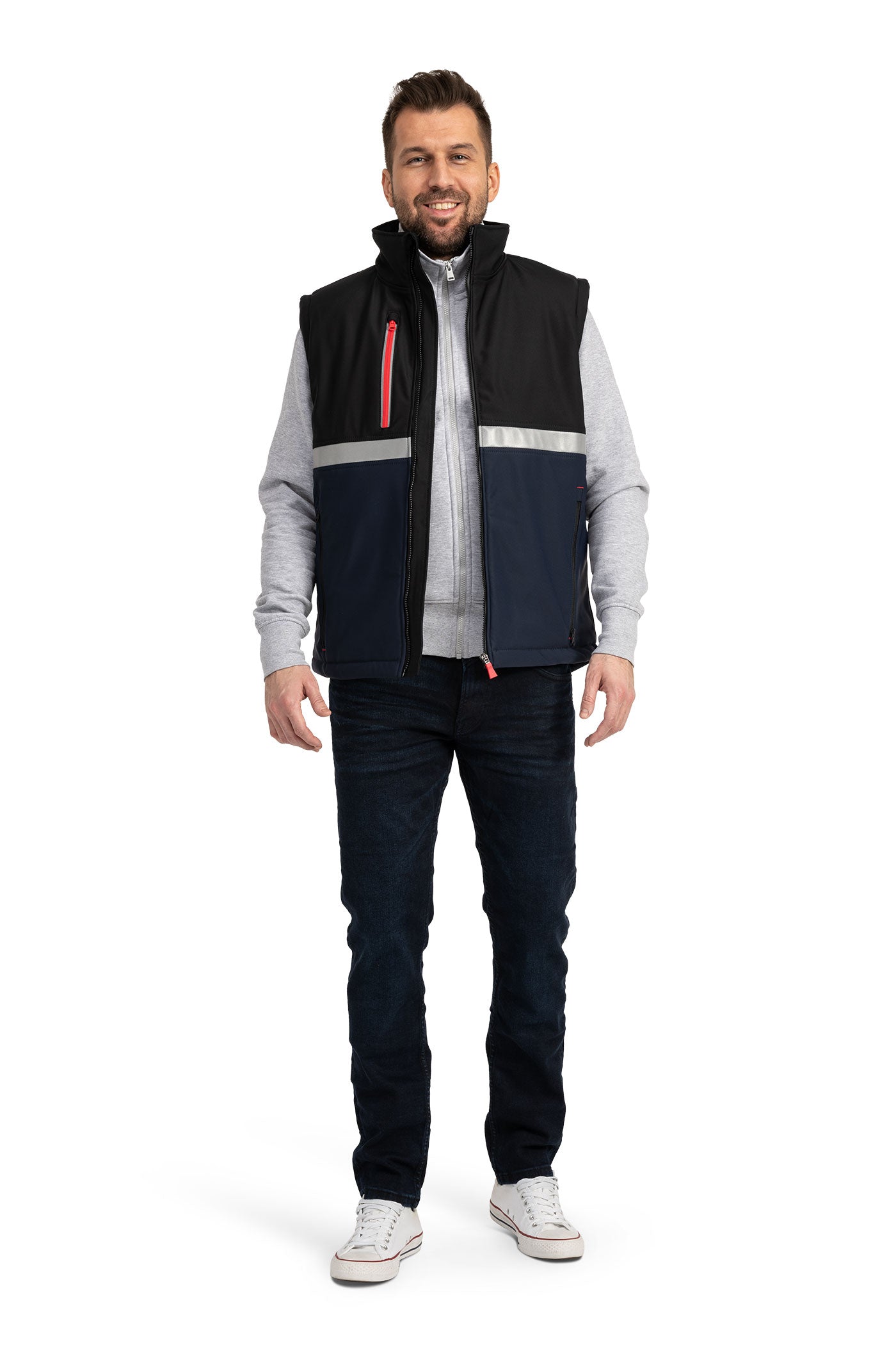 Herren praktische Softshell Arbeitsweste perfekt für die Arbeit in Dunkelblau