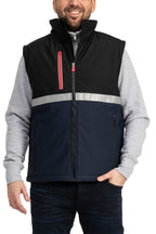 Herren Arbeitsweste aus Softshell wattiert mit Stehkragen in Dunkelblau