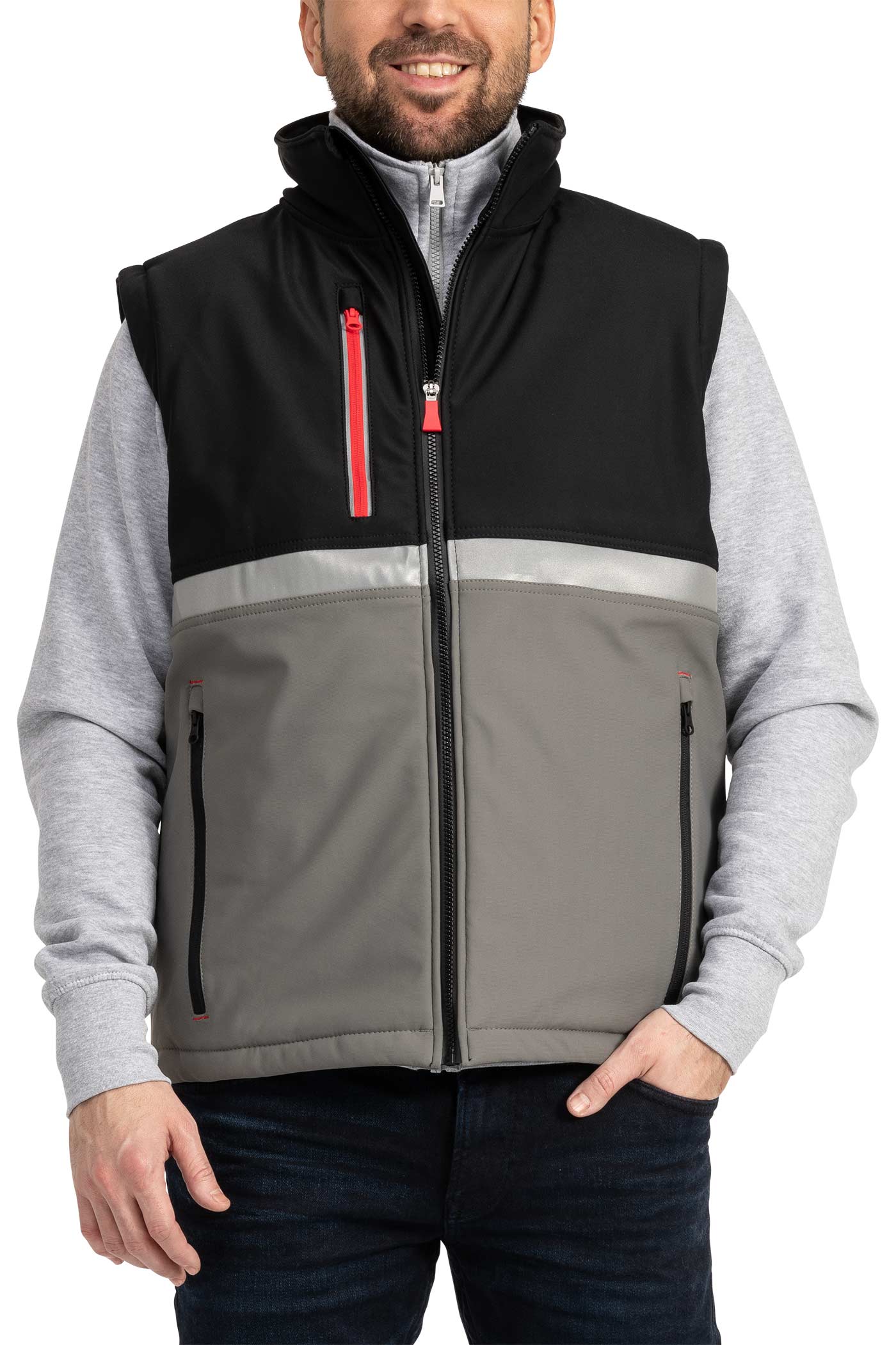 Herren Arbeitsweste aus Softshell wattiert mit Stehkragen in Grau