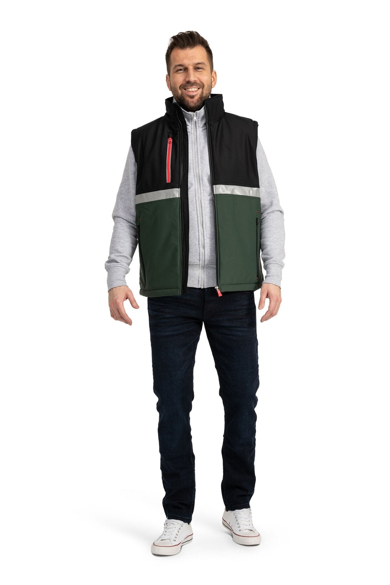Herren praktische Softshell Arbeitsweste perfekt für die Arbeit in Grün