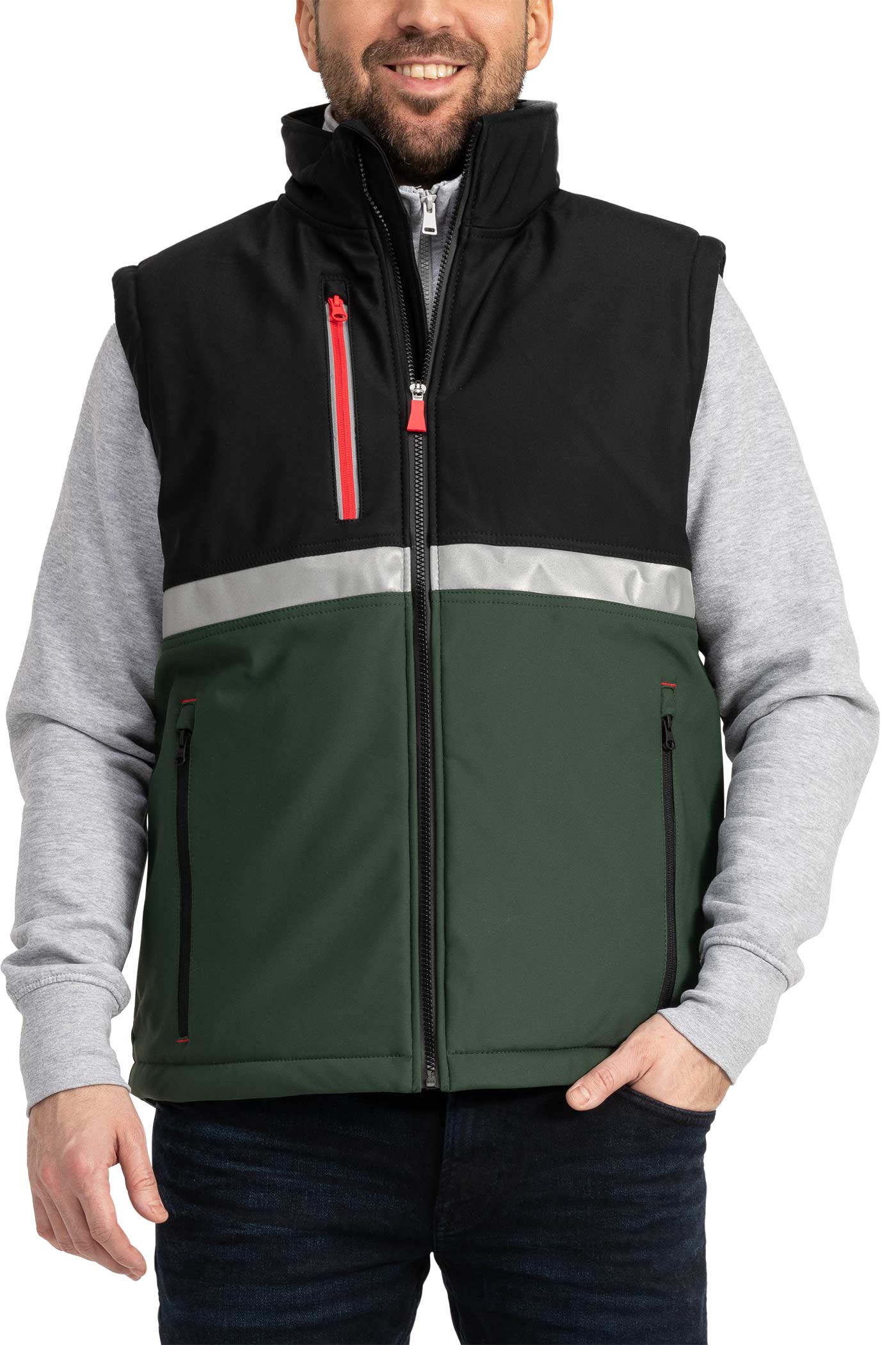 Herren Arbeitsweste aus Softshell wattiert mit Stehkragen in Grün