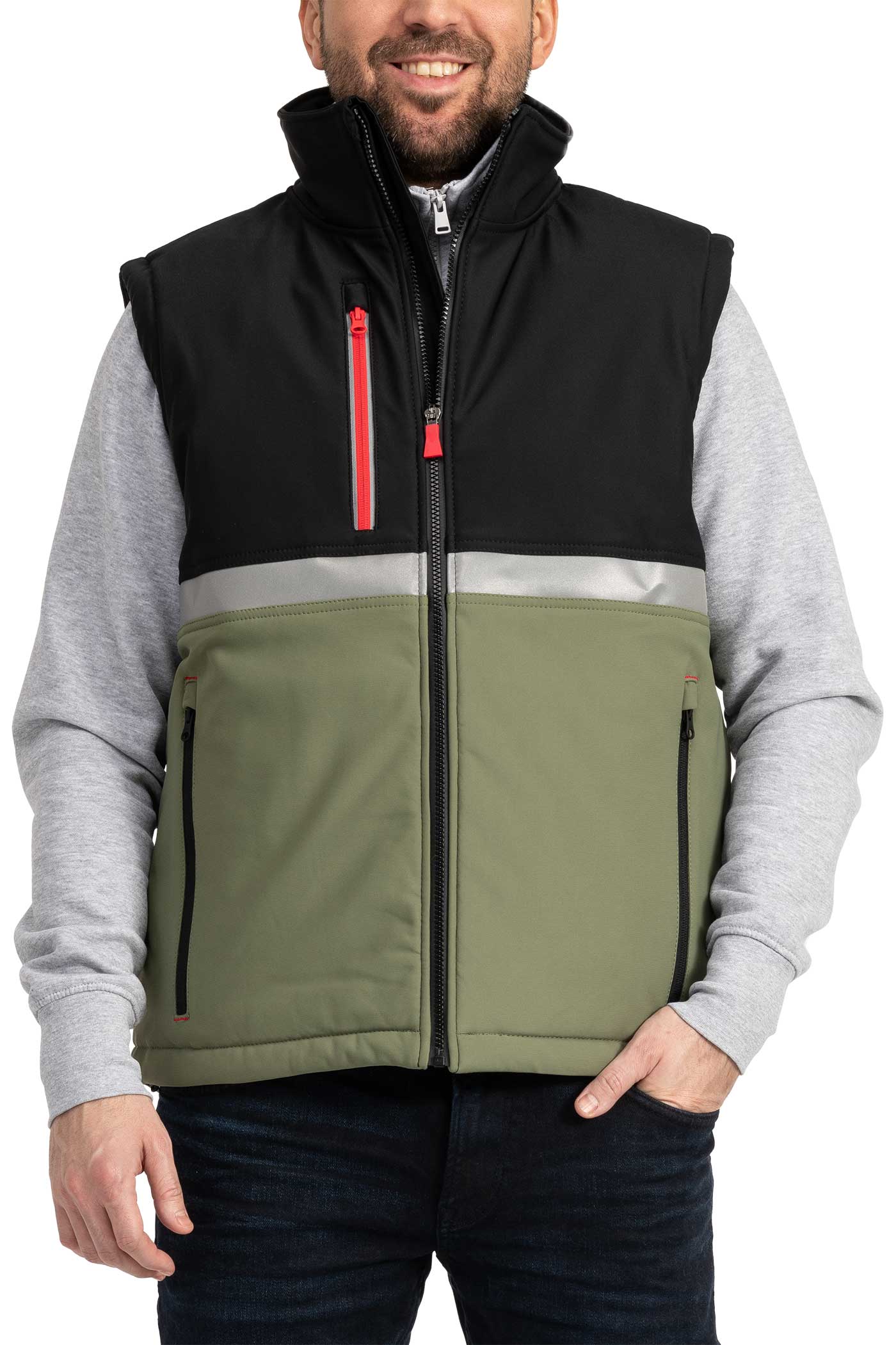 Herren Arbeitsweste aus Softshell wattiert mit Stehkragen in Olivgrün