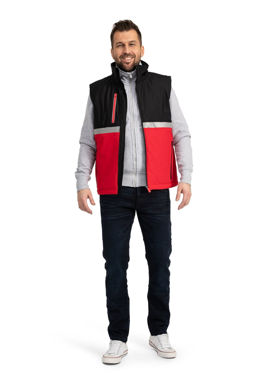 Herren praktische Softshell Arbeitsweste perfekt für die Arbeit in Rot