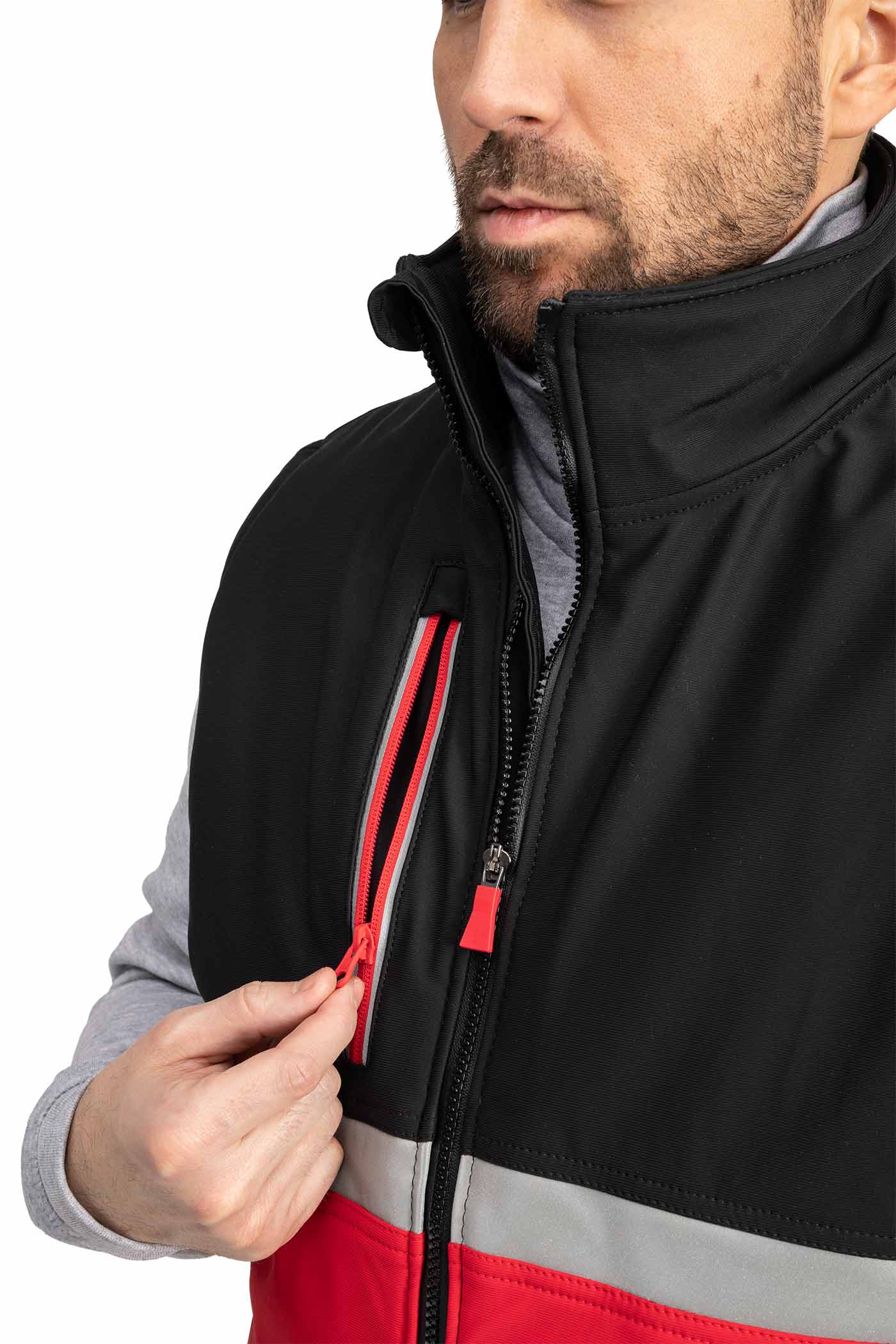 Herren Arbeitsweste mit Brusttasche und Reflexstreifen in Rot