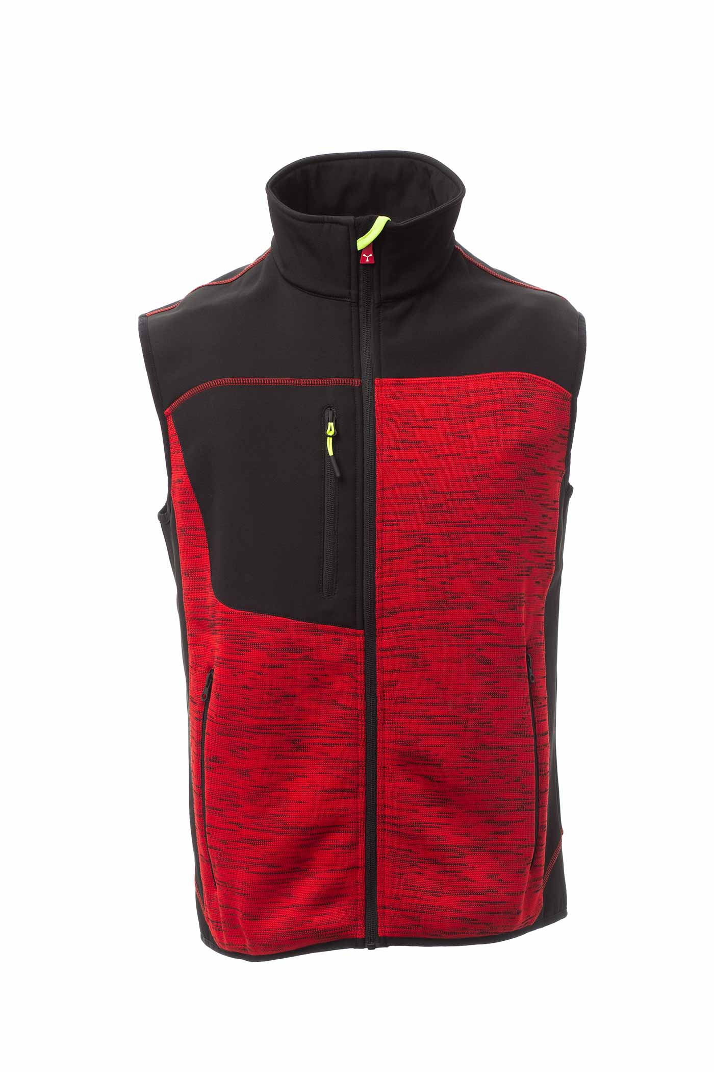 Herren Arbeitsweste mit Softshell-Einsätzen und Multifunktionstaschen in Rot