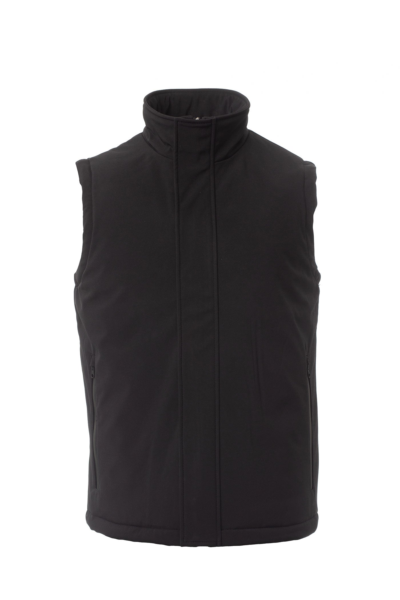 Herren Arbeitsweste aus Softshell wattiert mit Stehkragen und Seitentaschen in Schwarz