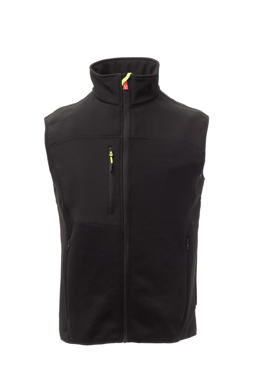 Herren Arbeitsweste mit Softshell-Einsätzen und Multifunktionstaschen in Schwarz