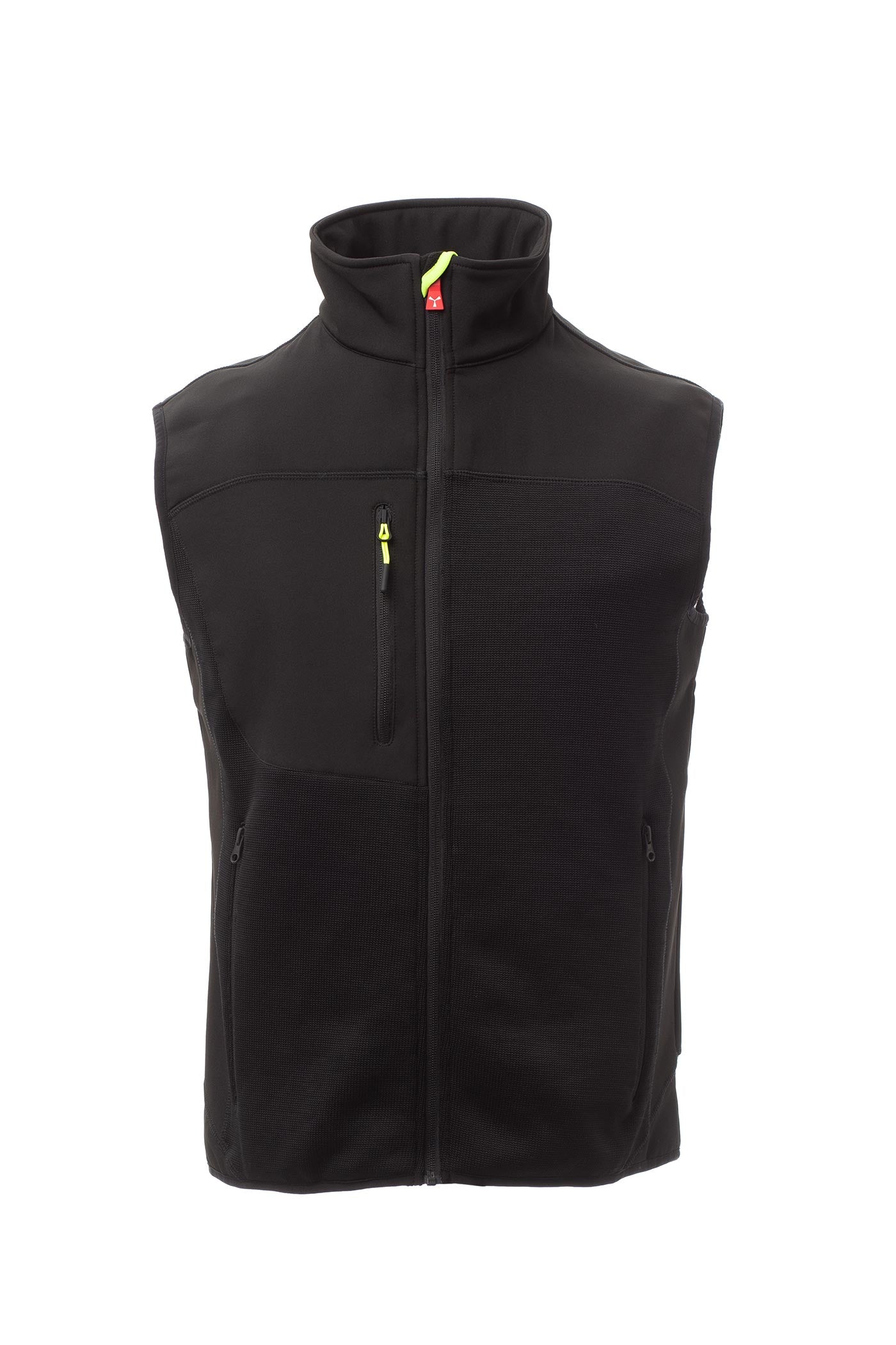 Herren Arbeitsweste mit Softshell-Einsätzen und Multifunktionstaschen in Schwarz