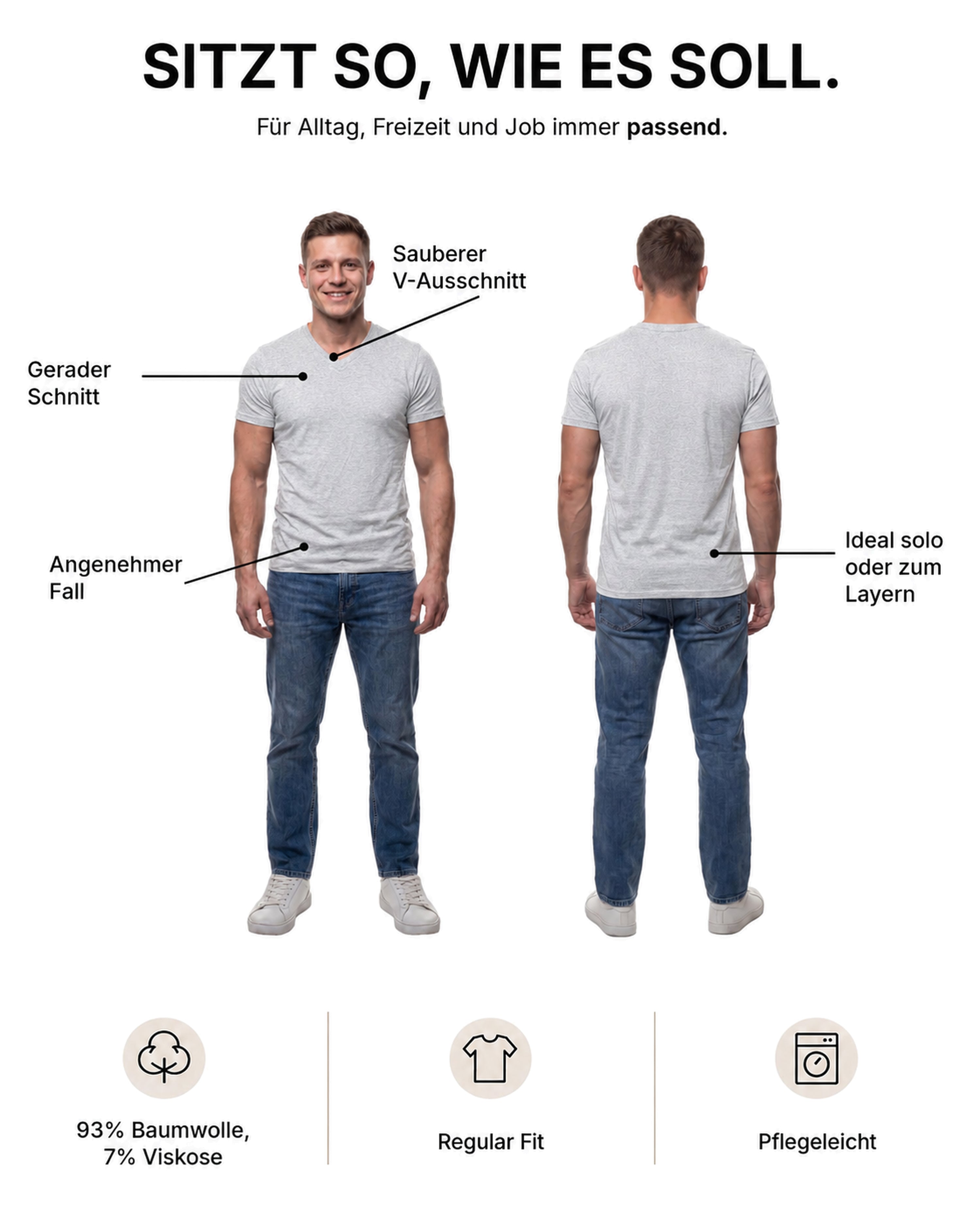 Herren T-Shirt 5er Pack V-Ausschnitt – V-Neck