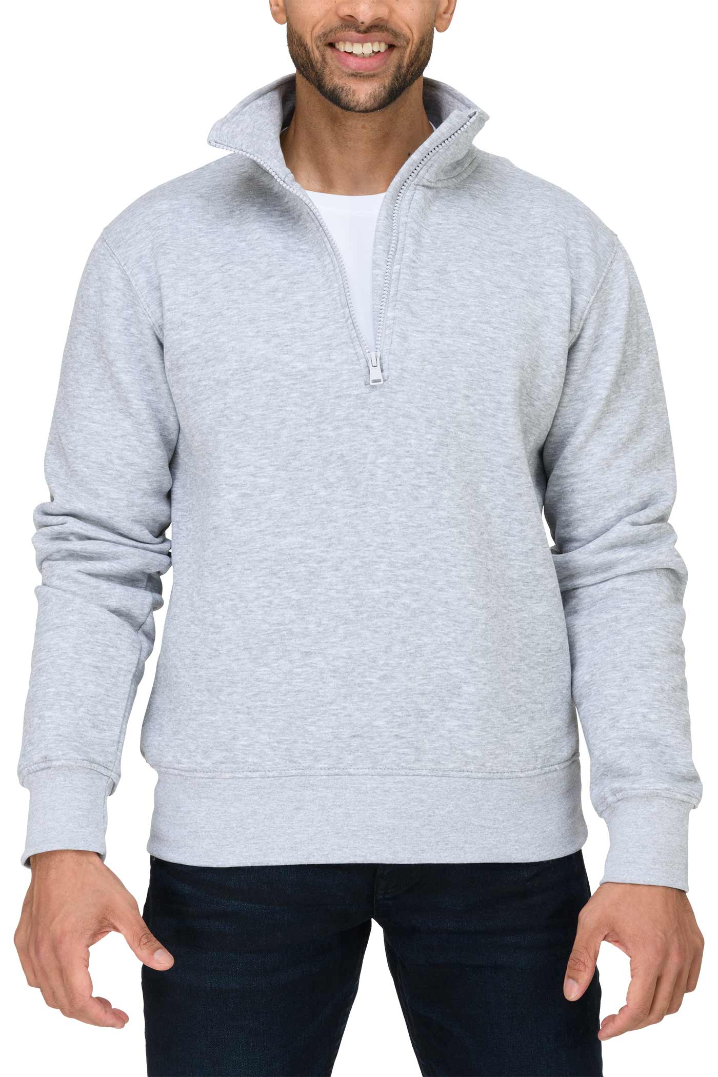 Herren Pullover mit kurzem Reißverschluss und Feinripp an Taille und Ärmeln in Grau meliert