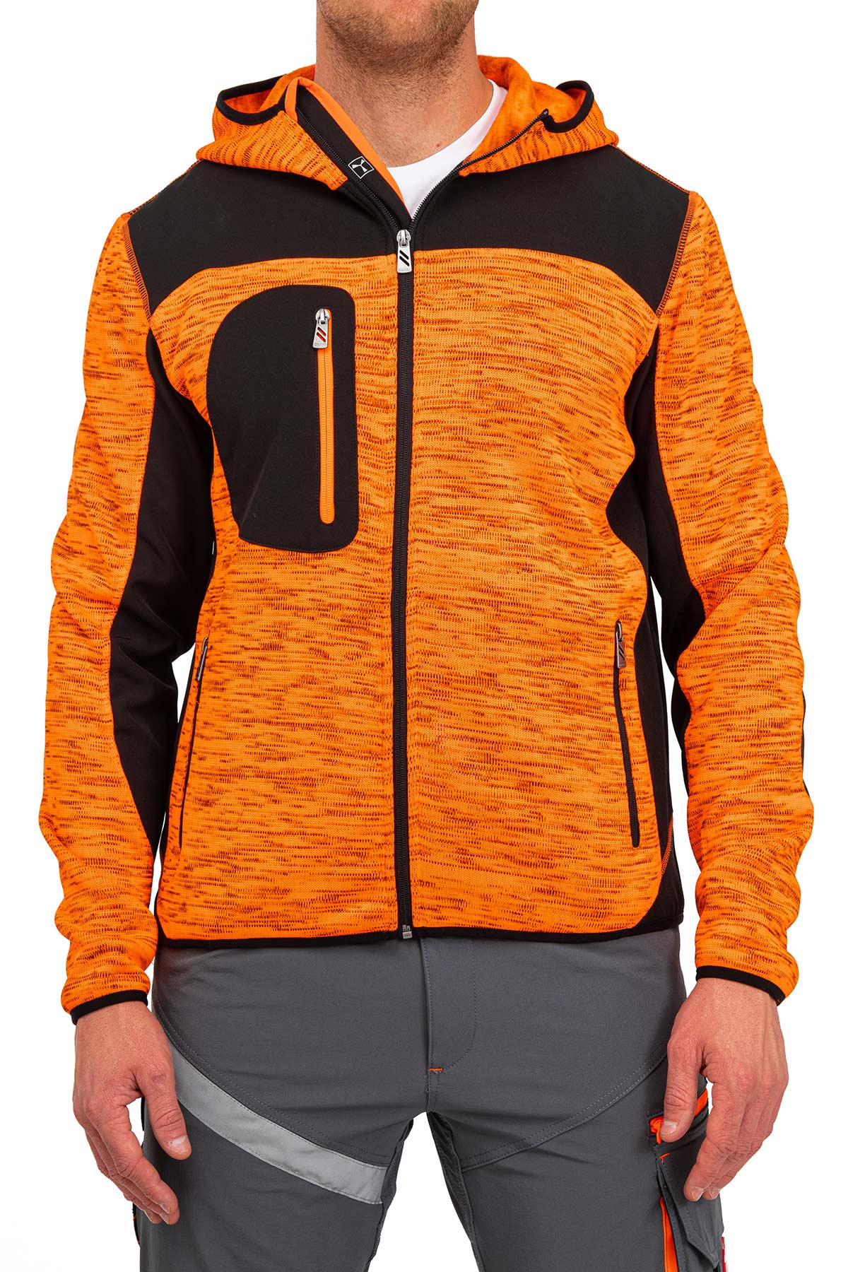 Herren Arbeitsjacke aus Strick mit Softshelleinsätzen in Orange