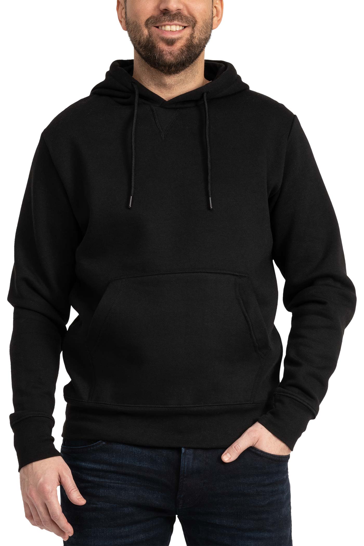 Herren Kapuzenpullover mit Tasche und Feinripp in Schwarz