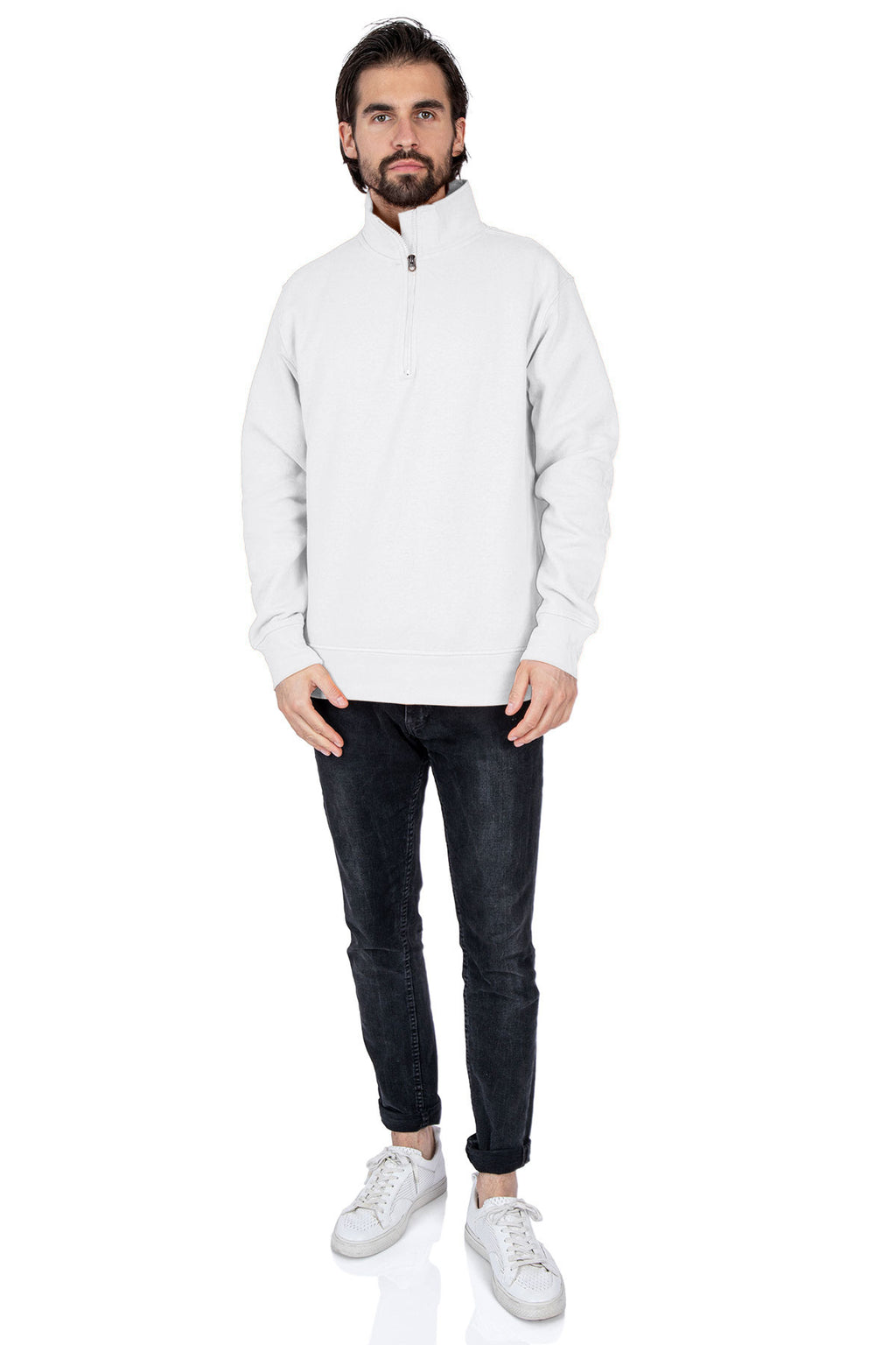 Herren Quarterzip Pullover mit Feinripp in Weiß