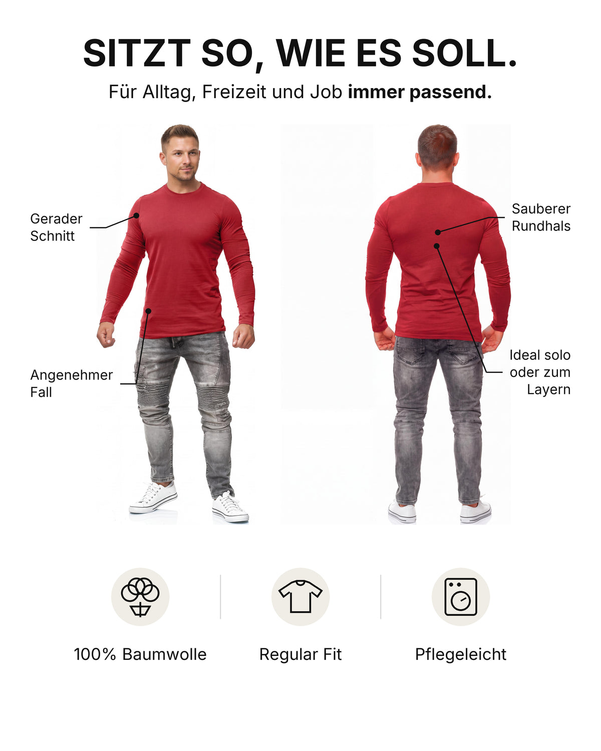 Herren Langarmshirt 3er Pack Baumwolle – Pineta