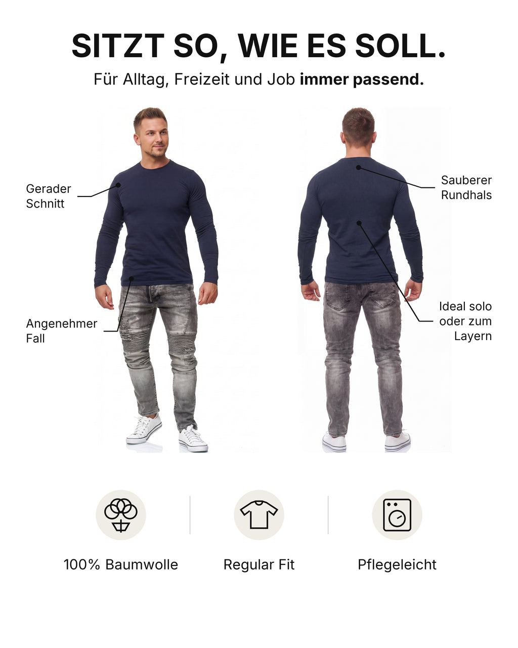 Herren Langarmshirt 3er Pack Baumwolle – Pineta