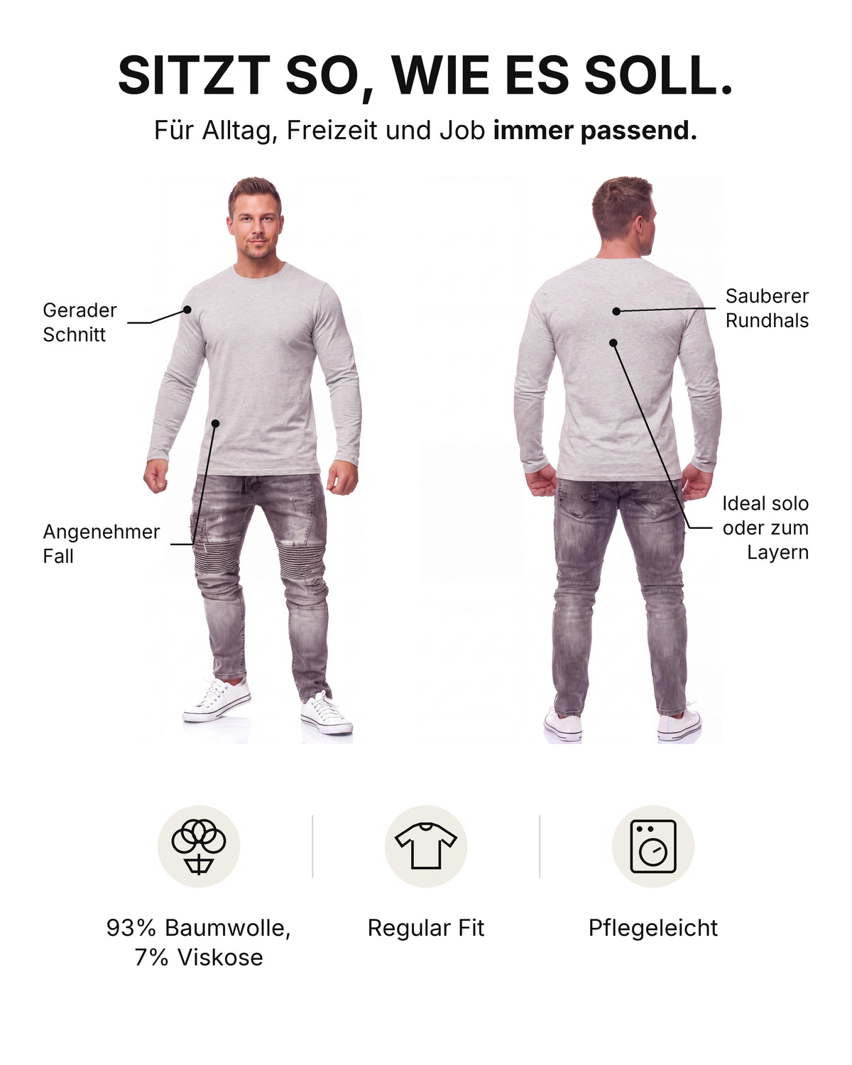 Herren Langarmshirt 3er Pack Baumwolle – Pineta