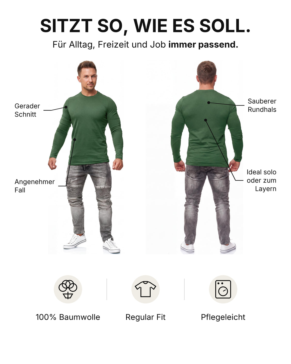 Herren Langarmshirt 3er Pack Baumwolle – Pineta