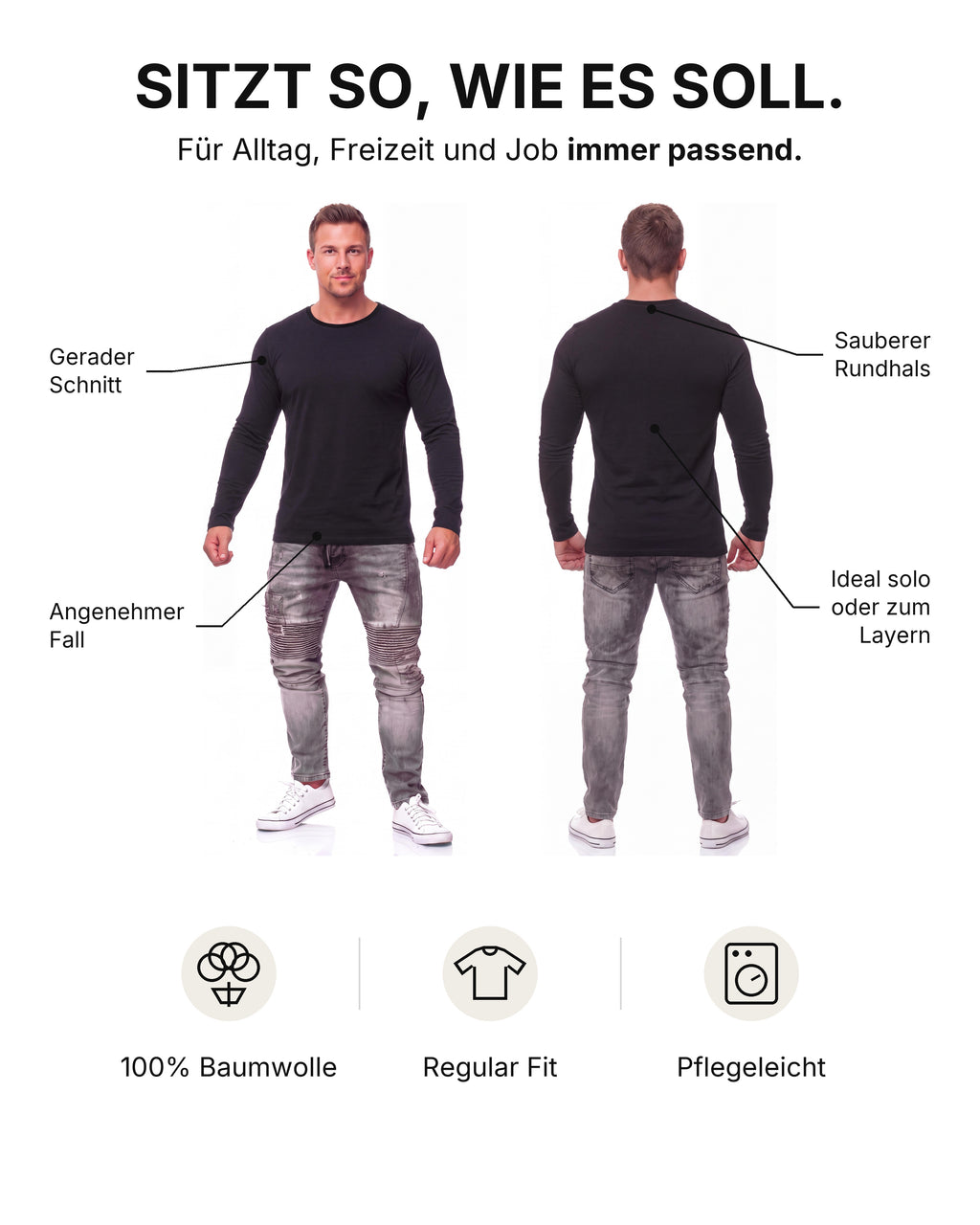 Herren Langarmshirt 3er Pack Baumwolle – Pineta