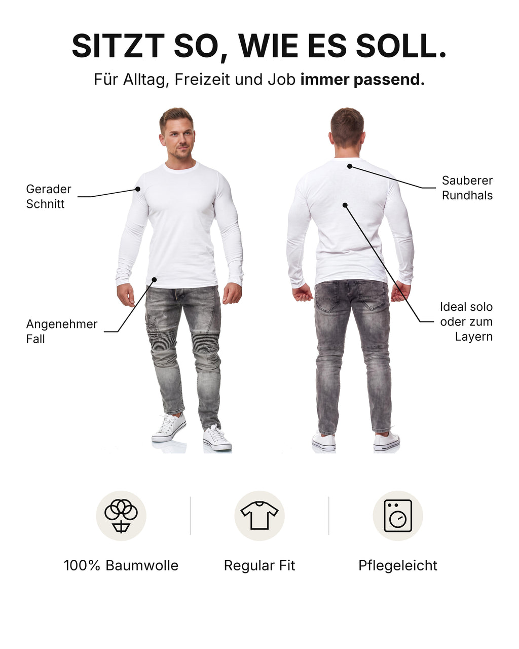 Herren Langarmshirt 3er Pack Baumwolle – Pineta