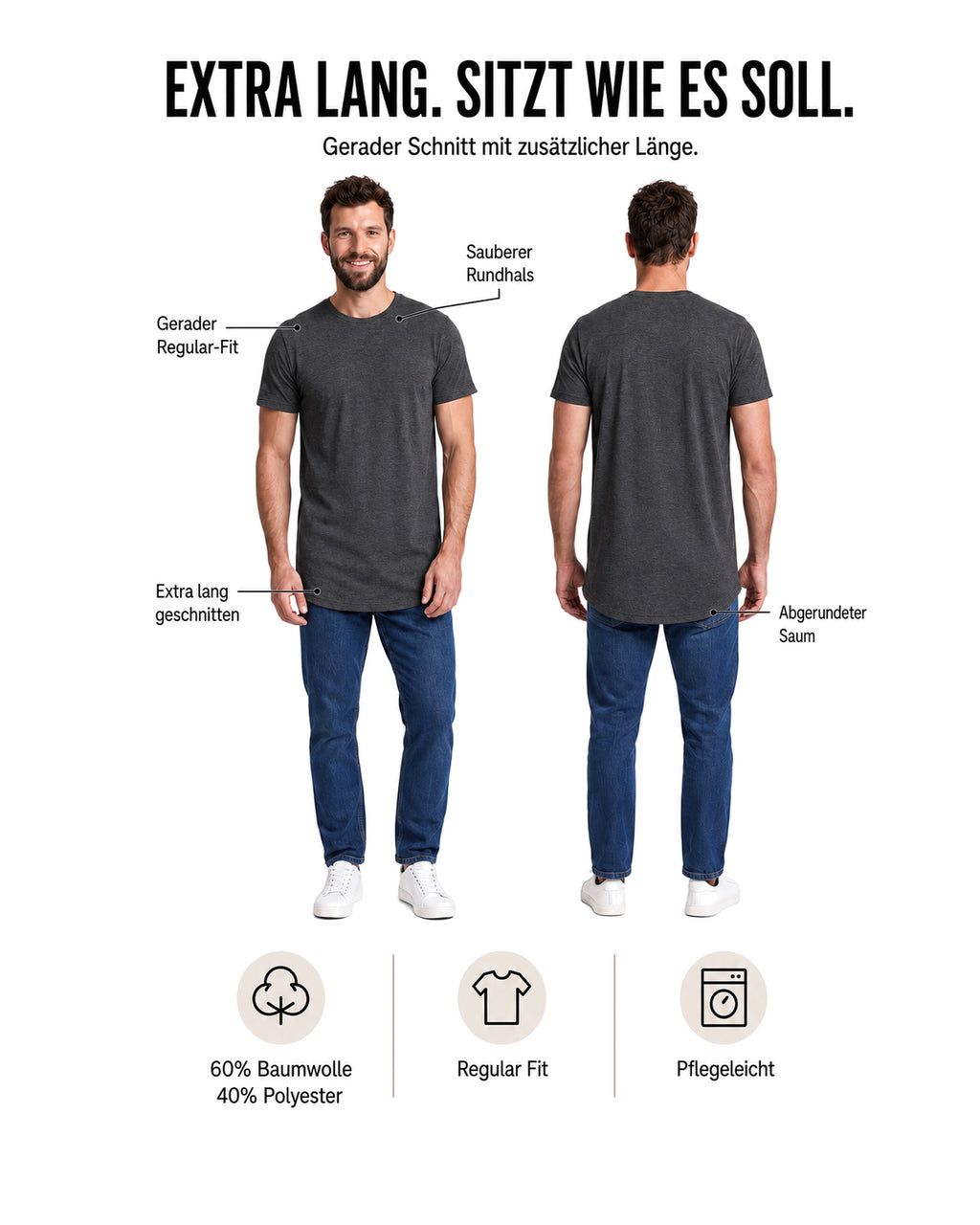 Herren 3er Pack T-Shirt extra Lang aus Baumwolle - Longshirt
