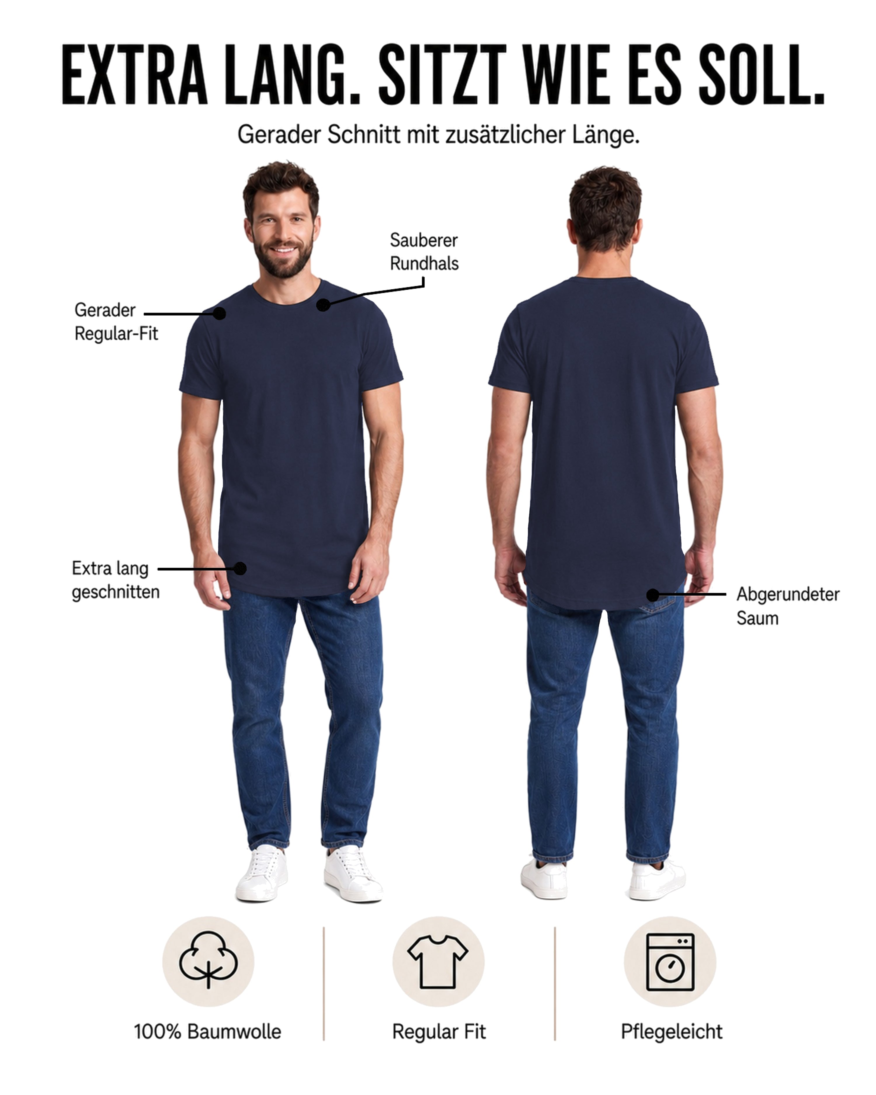 Herren 3er Pack T-Shirt extra Lang aus Baumwolle - Longshirt