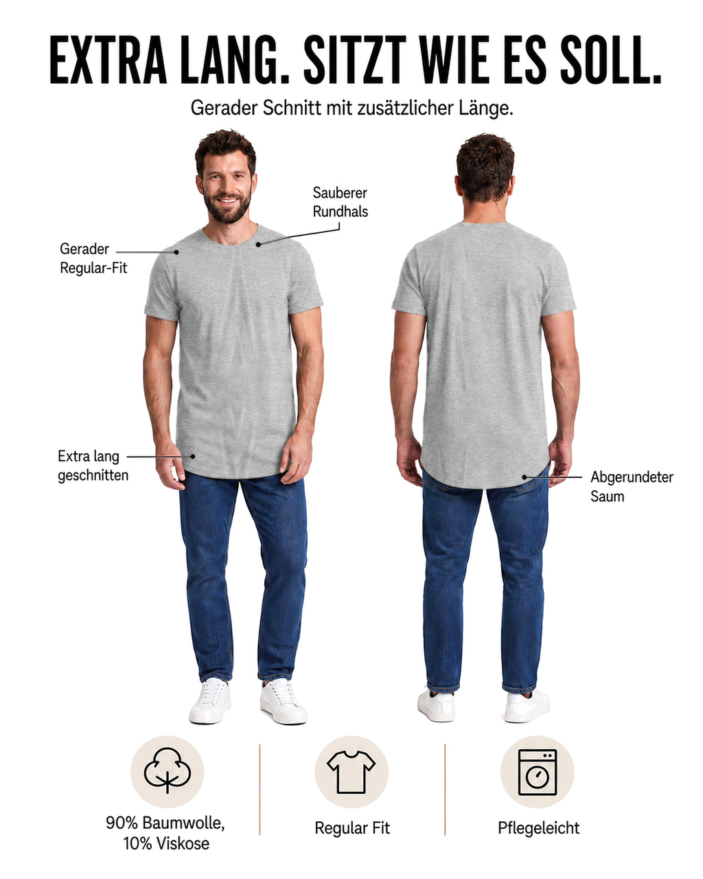 Herren 3er Pack T-Shirt extra Lang aus Baumwolle - Longshirt