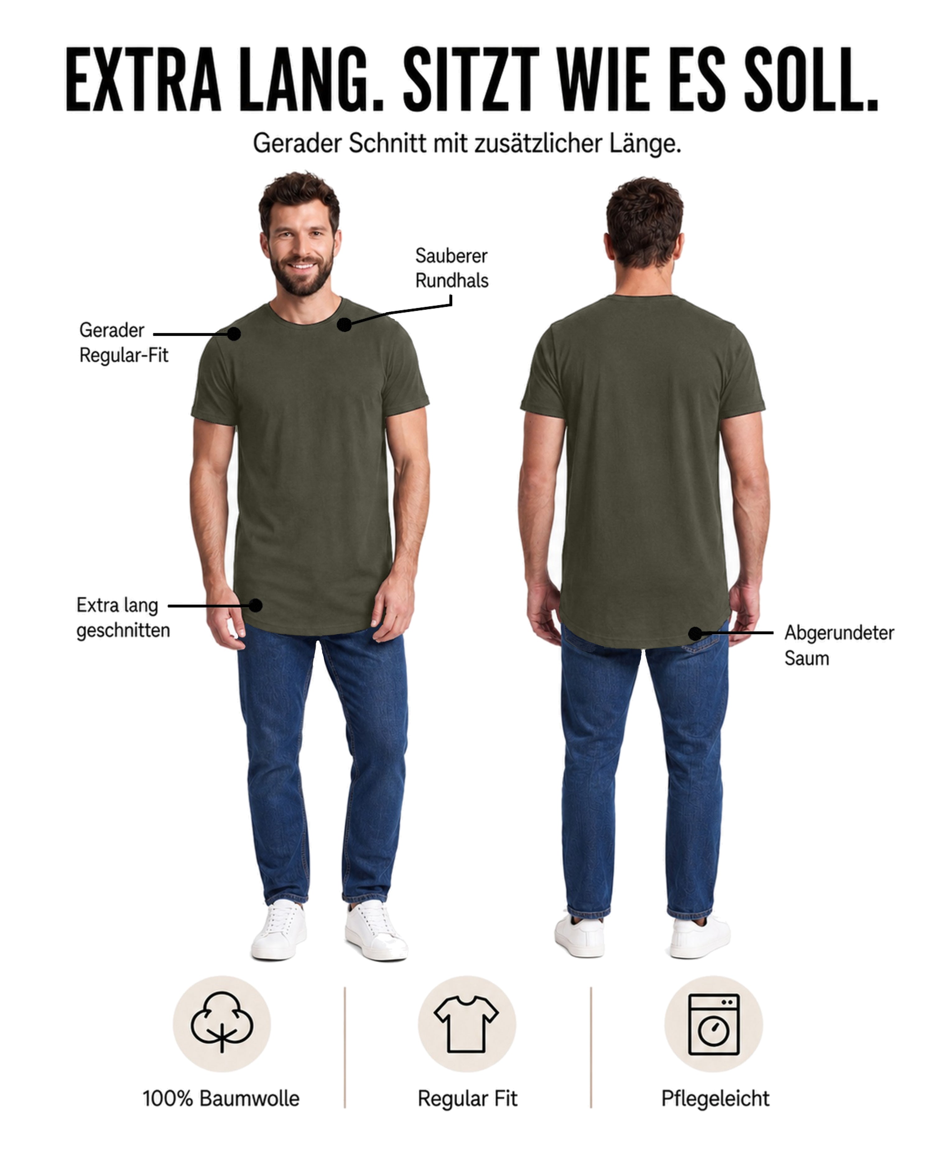 Herren 3er Pack T-Shirt extra Lang aus Baumwolle - Longshirt
