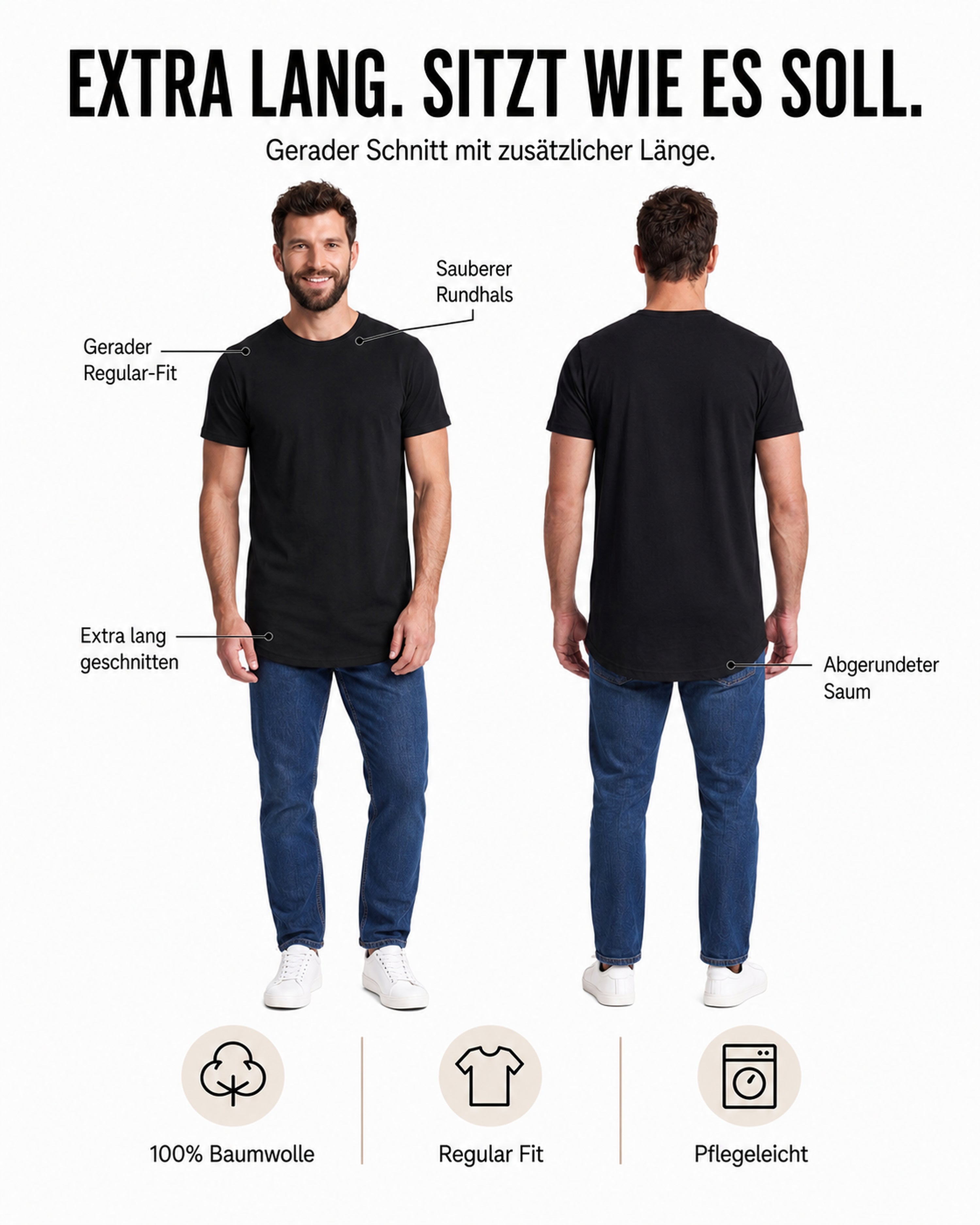 Herren 3er Pack T-Shirt extra Lang aus Baumwolle - Longshirt