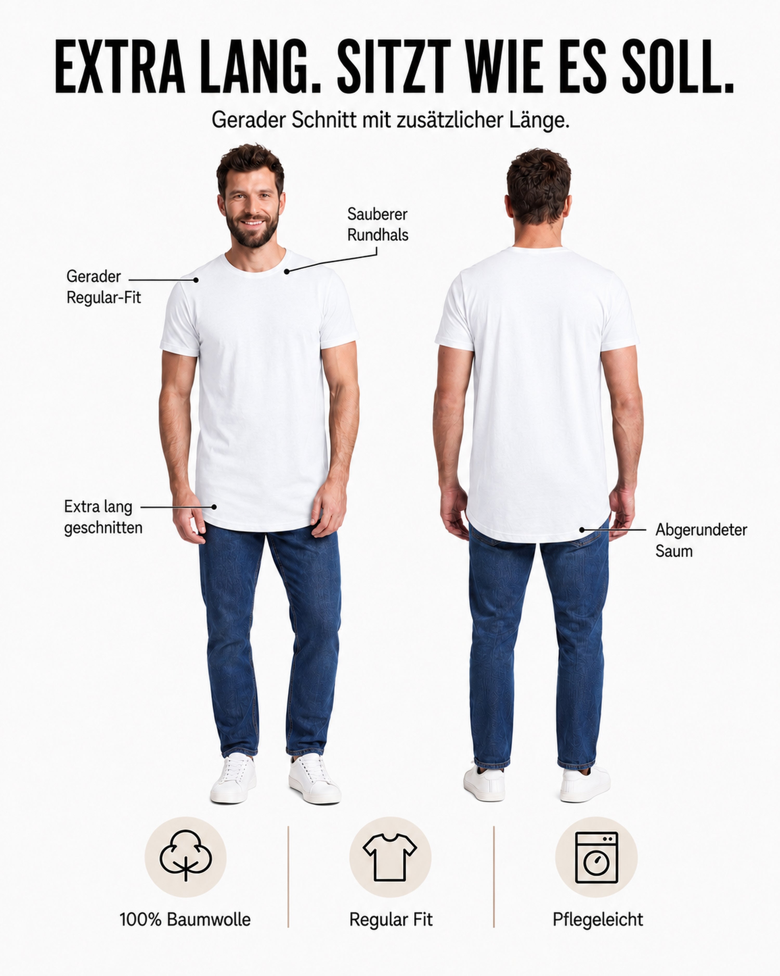 Herren 3er Pack T-Shirt extra Lang aus Baumwolle - Longshirt