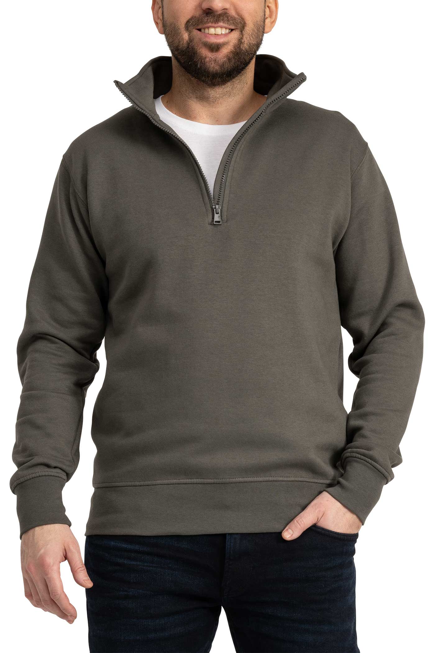 Herren Pullover mit kurzem Reißverschluss und Feinripp an Taille und Ärmeln in Anthrazit